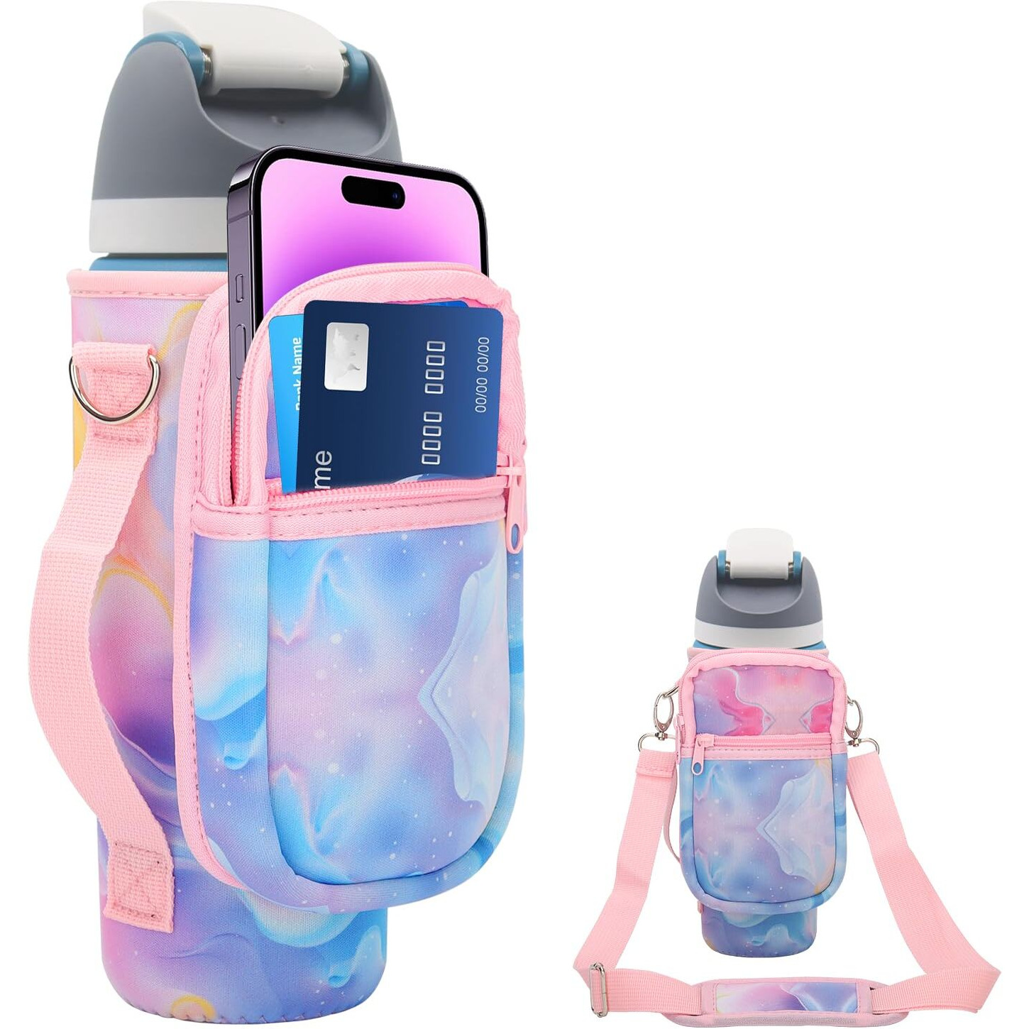 For Owala Freesip Insulated Stainless Steel Water Bottle Cup Holder Cover Carrier Sling Bag With Strap, Pouch Pocket For Phone/Accessories, Add Handle For Owala 32Oz (Colourful)