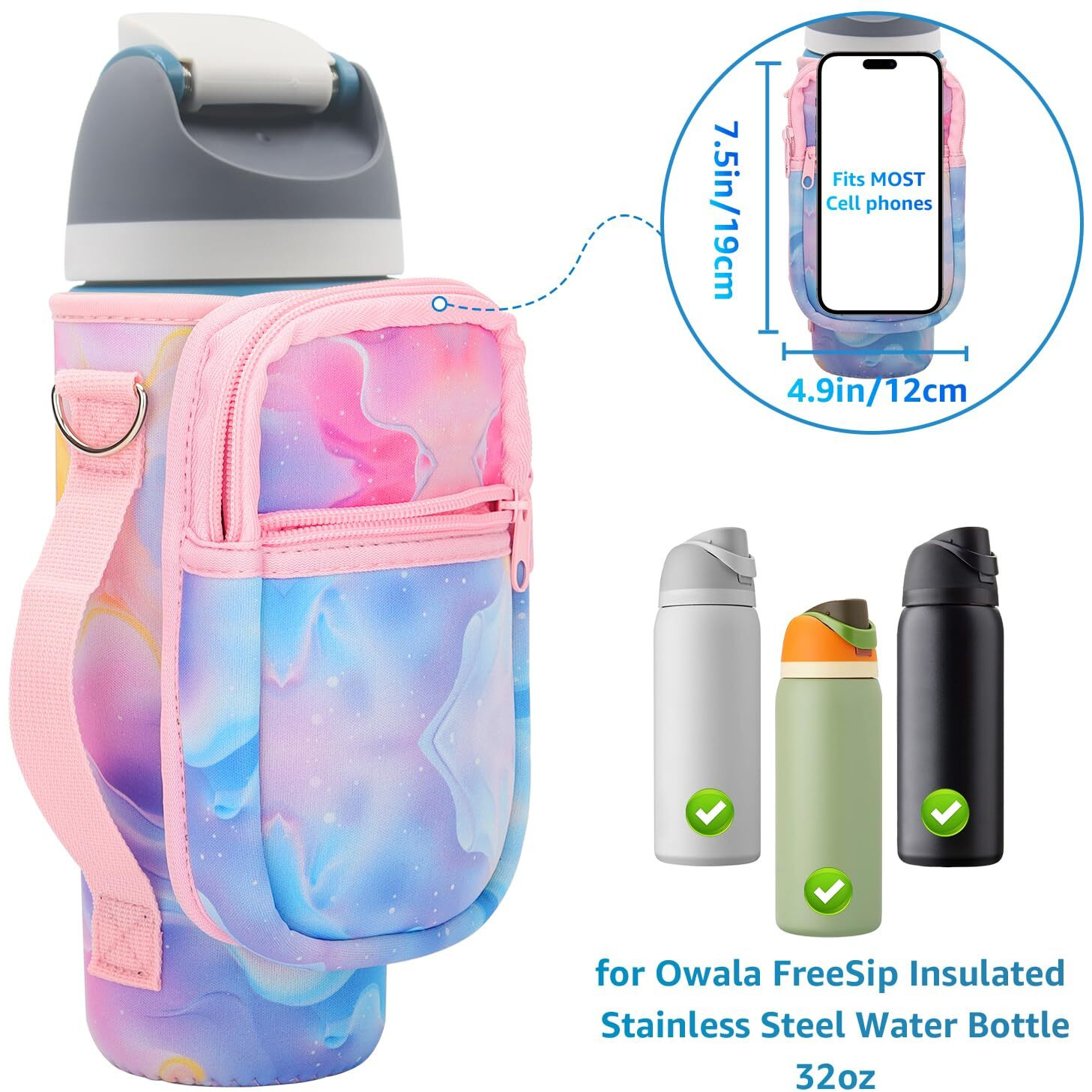 For Owala Freesip Insulated Stainless Steel Water Bottle Cup Holder Cover Carrier Sling Bag With Strap, Pouch Pocket For Phone/Accessories, Add Handle For Owala 32Oz (Colourful)