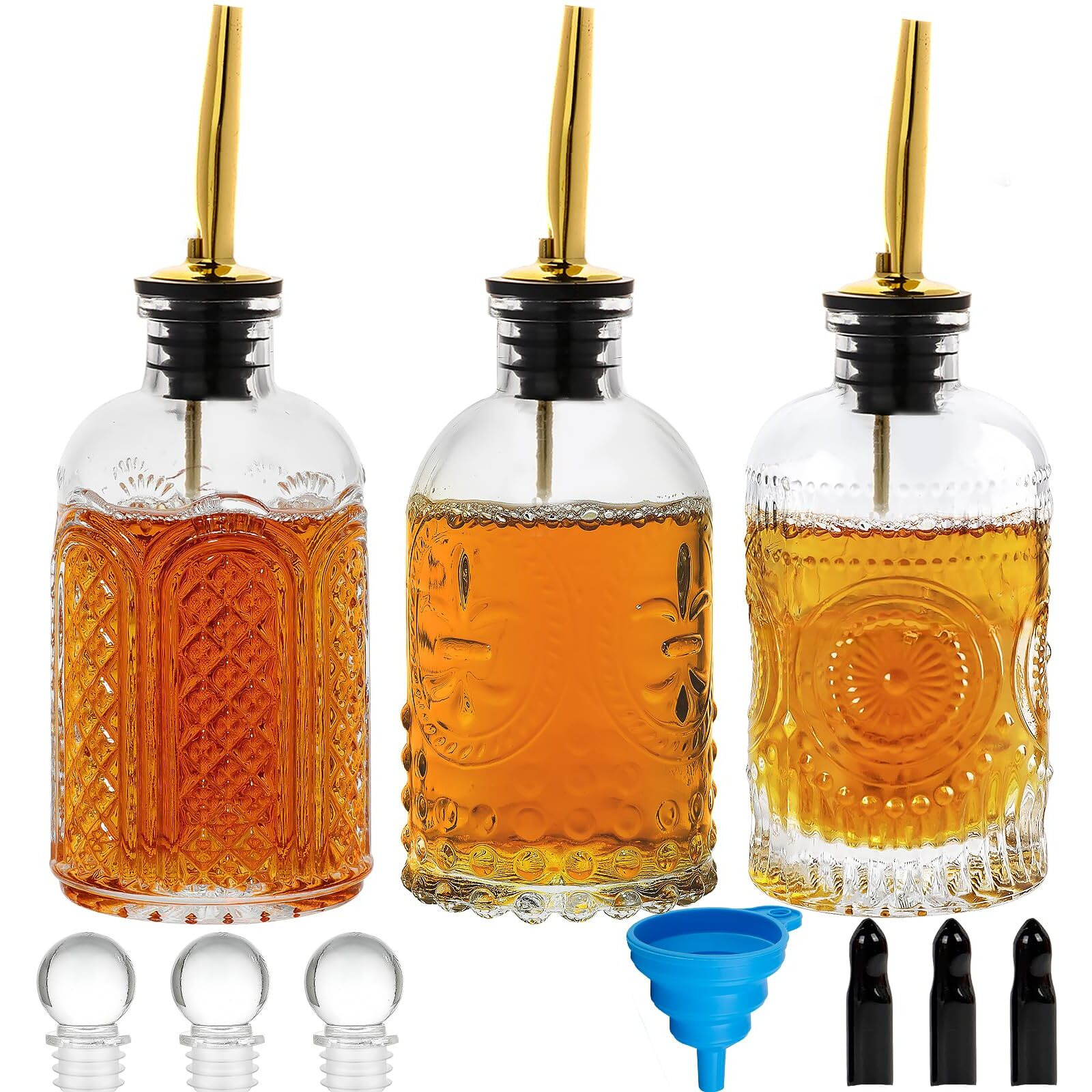 Syrup Dispenser Bottles Set Of 3, Simple Syrup Bottle For Coffee Bar Accessories,7 Oz Glass Coffee Syrup Containers For Maple Honey Syrup Oil, With Metal Pour Spouts, Stoppers,Condiments Dispenser