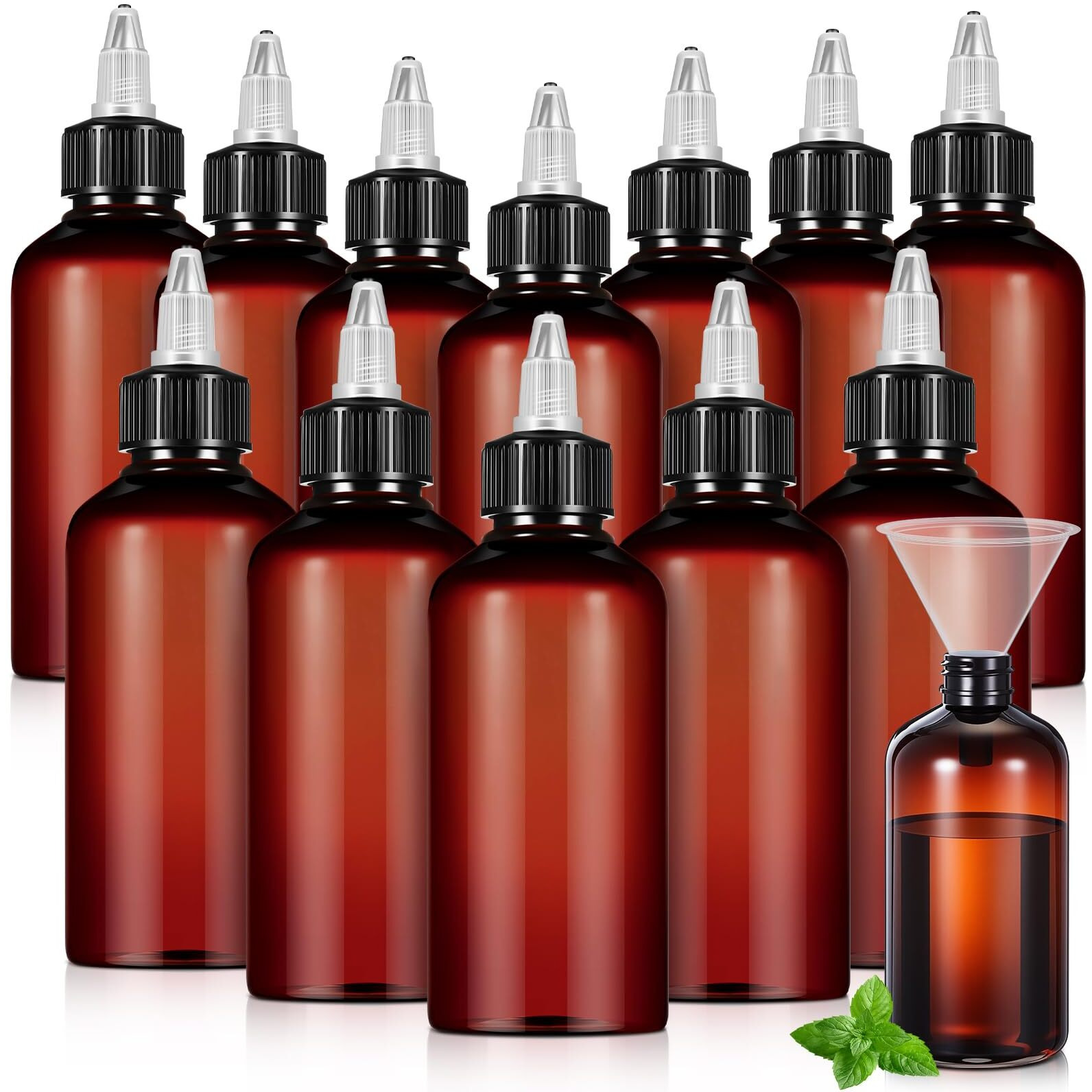 Barydat 12 Pcs Applicator Bottles For Hair, Squeeze Hair Oil Applicator Bottle Refillable Empty Plastic Bottles, Twist Cap With Open Close Nozzle And 2 Funnels (8 Oz,Brown)