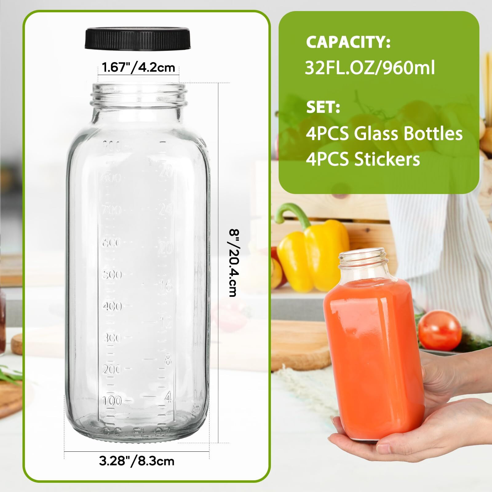 Alotpower 4Pack Juicing Bottles Reusable Glass 32Oz,Reusable Square Glass Juice Bottles With Lids,Clear Empty Glass For Beverages, Jams, Kombucha, Milkshakes,Oils(32Fl.Oz,Set Of 4), Ap-240625-001