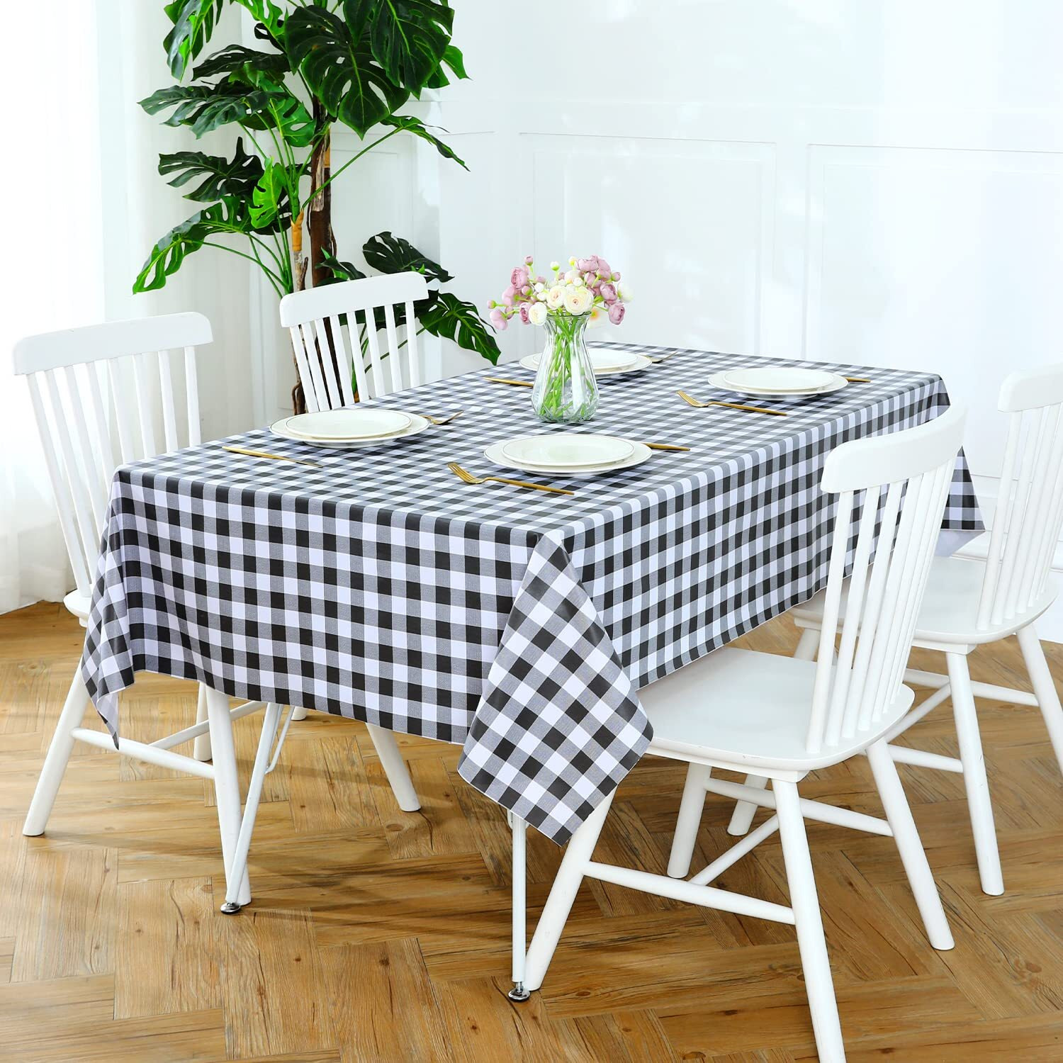 Romanstile Rectangle Vinyl Pvc Tablecloth, 100% Waterproof Buffalo Plaid Plastic Table Cloth, Oil Proof Heavy Duty Wipeable Table Covers For Dining/Camping/Picnic/Outdoor - 60 X 84, Black And White