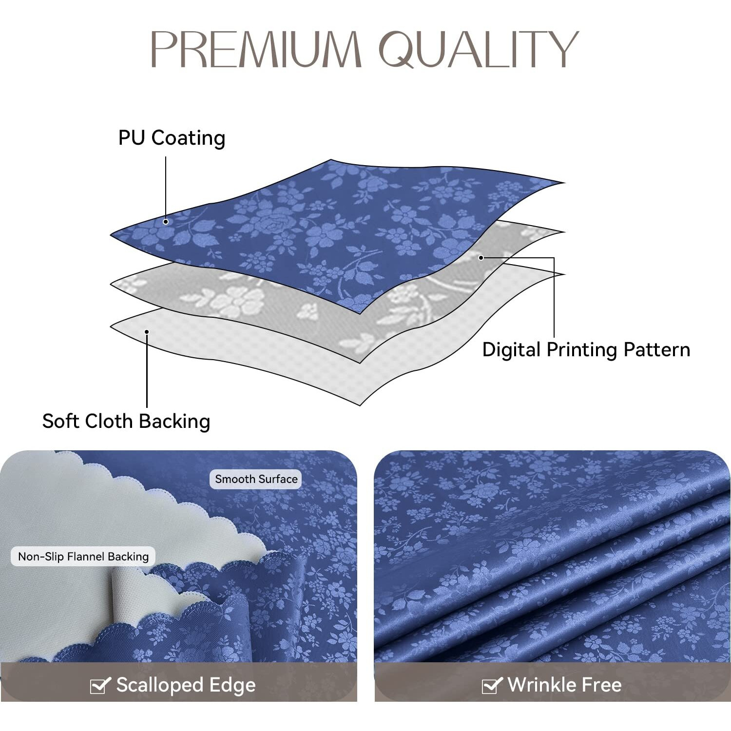 Romanstile Rectangle Vinyl Tablecloth,100% Waterproof Heavy Duty Oil Spill Proof Stain Resistant Plastic Pu Table Cover With Flannel Backing For Kitchen, Dining (Rose Navy Blue, 54 X 108)