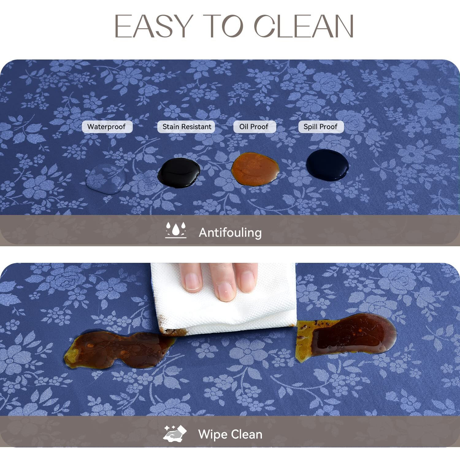 Romanstile Rectangle Vinyl Tablecloth,100% Waterproof Heavy Duty Oil Spill Proof Stain Resistant Plastic Pu Table Cover With Flannel Backing For Kitchen, Dining (Rose Navy Blue, 54 X 108)