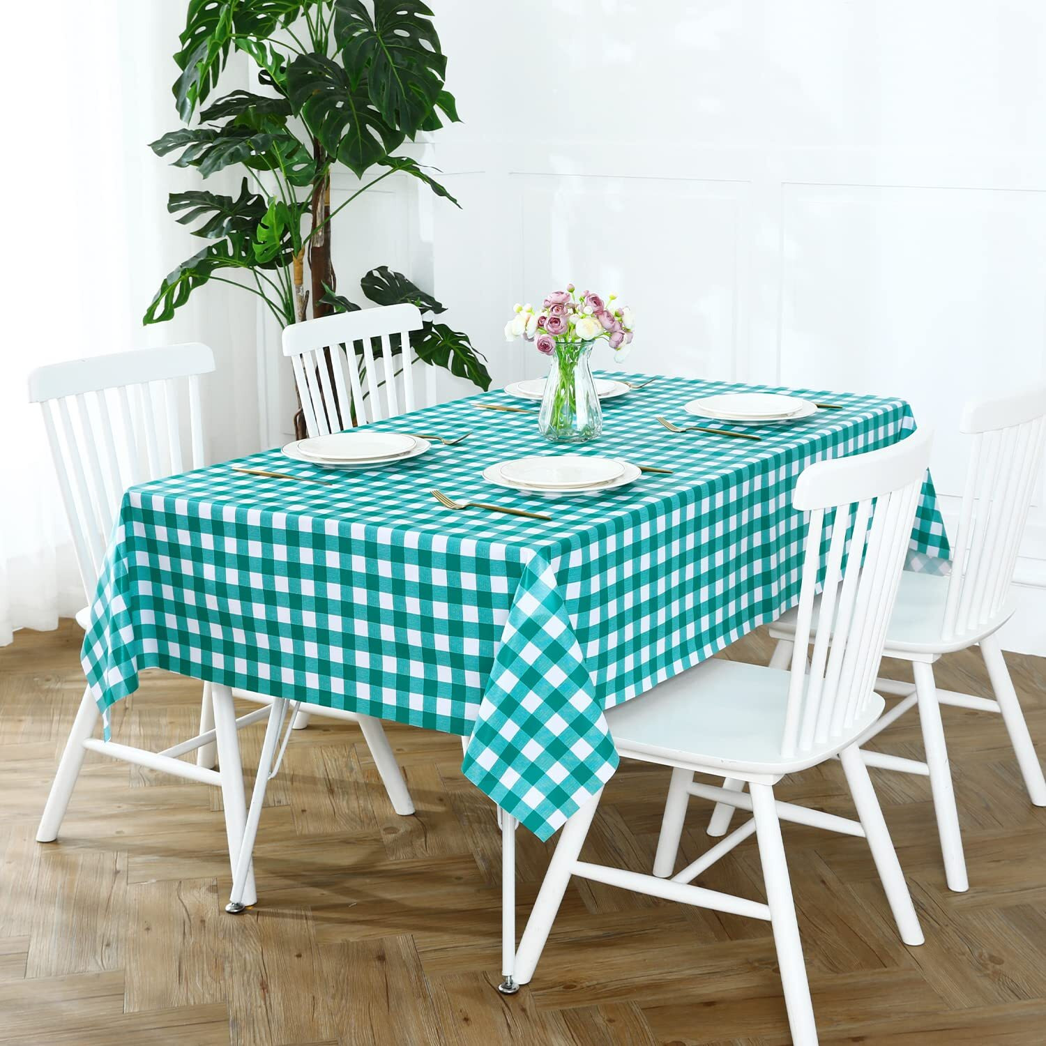 Romanstile Rectanglevinyl Pvc Tablecloth, 100% Waterproof Buffalo Plaid Plastic Table Cloth, Oil Proof Heavy Duty Wipeable Table Covers For Dining/Camping/Picnic/Outdoor - 60 X 84, Teal Green