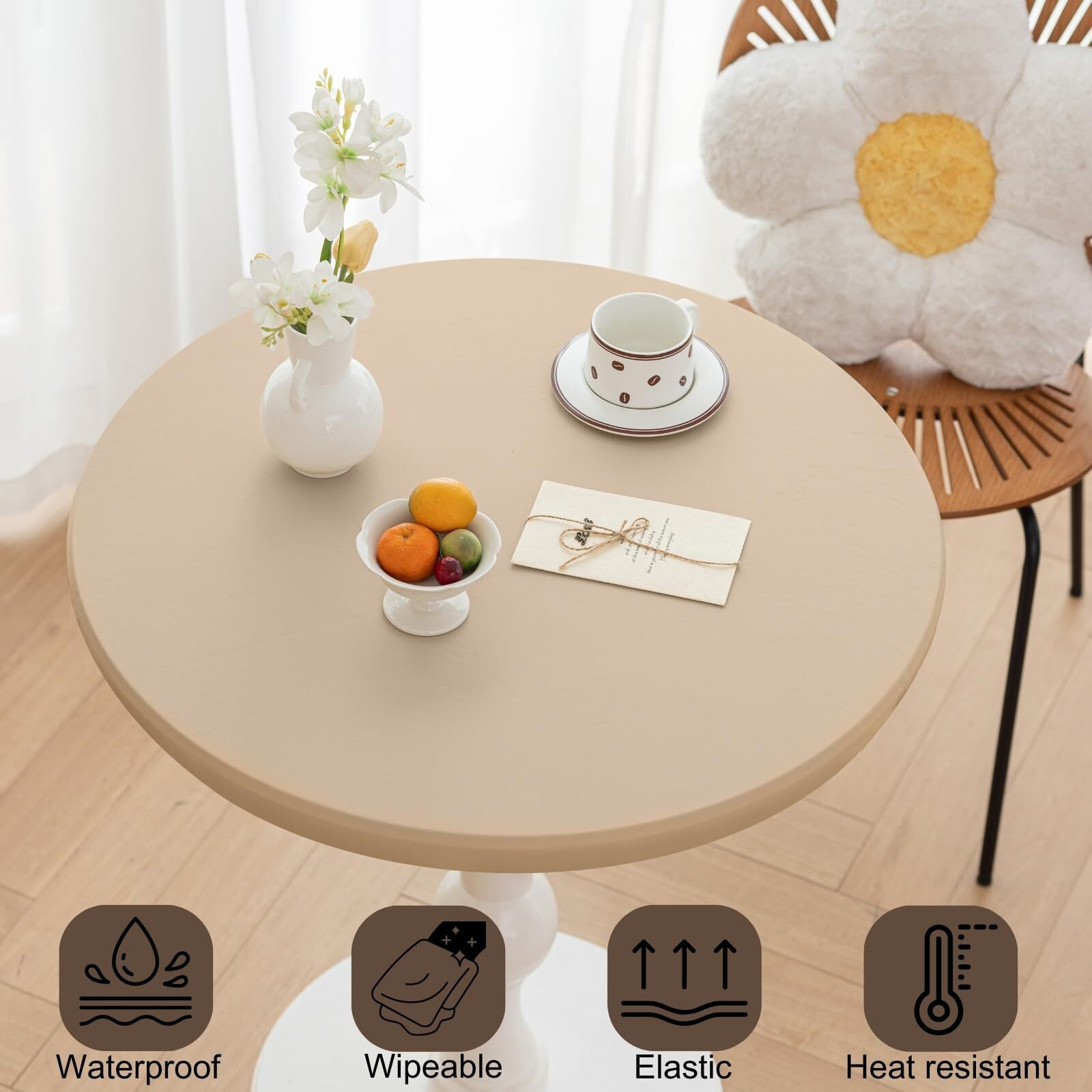 Huierxun Round Fitted Pu Tablecloth With High Elastic Edge 43 Inch Dia Waterproof Oil Proof Table Cloth Anti-Scald Stain-Resistant Wipeable Table Cover For Indoor Outdoor Picnic (Beige,43"" Dia)