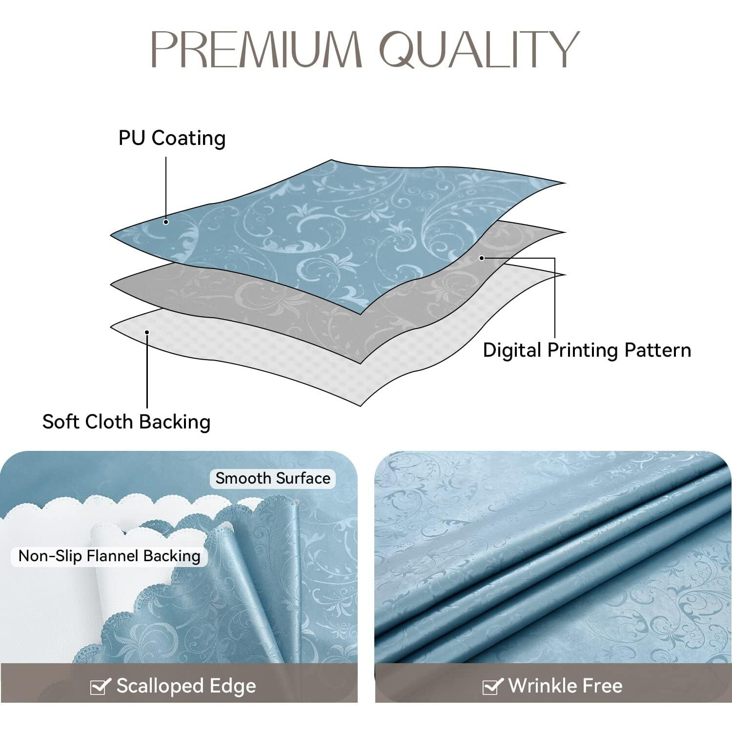Romanstile Rectangle Vinyl Tablecloth,100% Waterproof Heavy Duty Oil Spill Proof Stain Resistant Plastic Pu Table Cover With Flannel Backing For Kitchen, Dining (Flower Blue, 54 X 78)