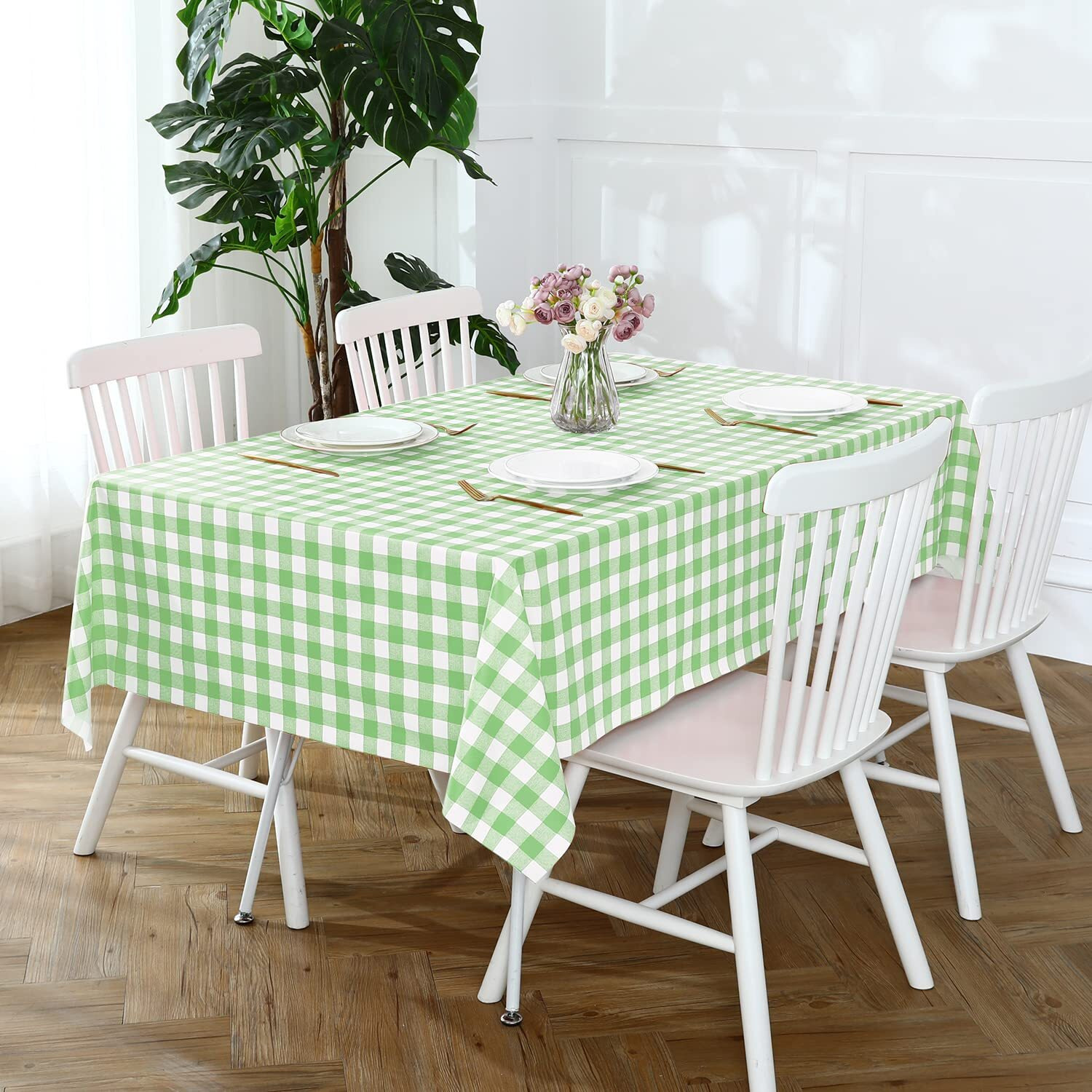 Romanstile Rectangle Vinyl Pvc Tablecloth, 100% Waterproof Buffalo Plaid Plastic Table Cloth, Oil Proof Heavy Duty Wipeable Table Covers For Dining/Camping/Picnic/Outdoor - 54 X 120, Light Green