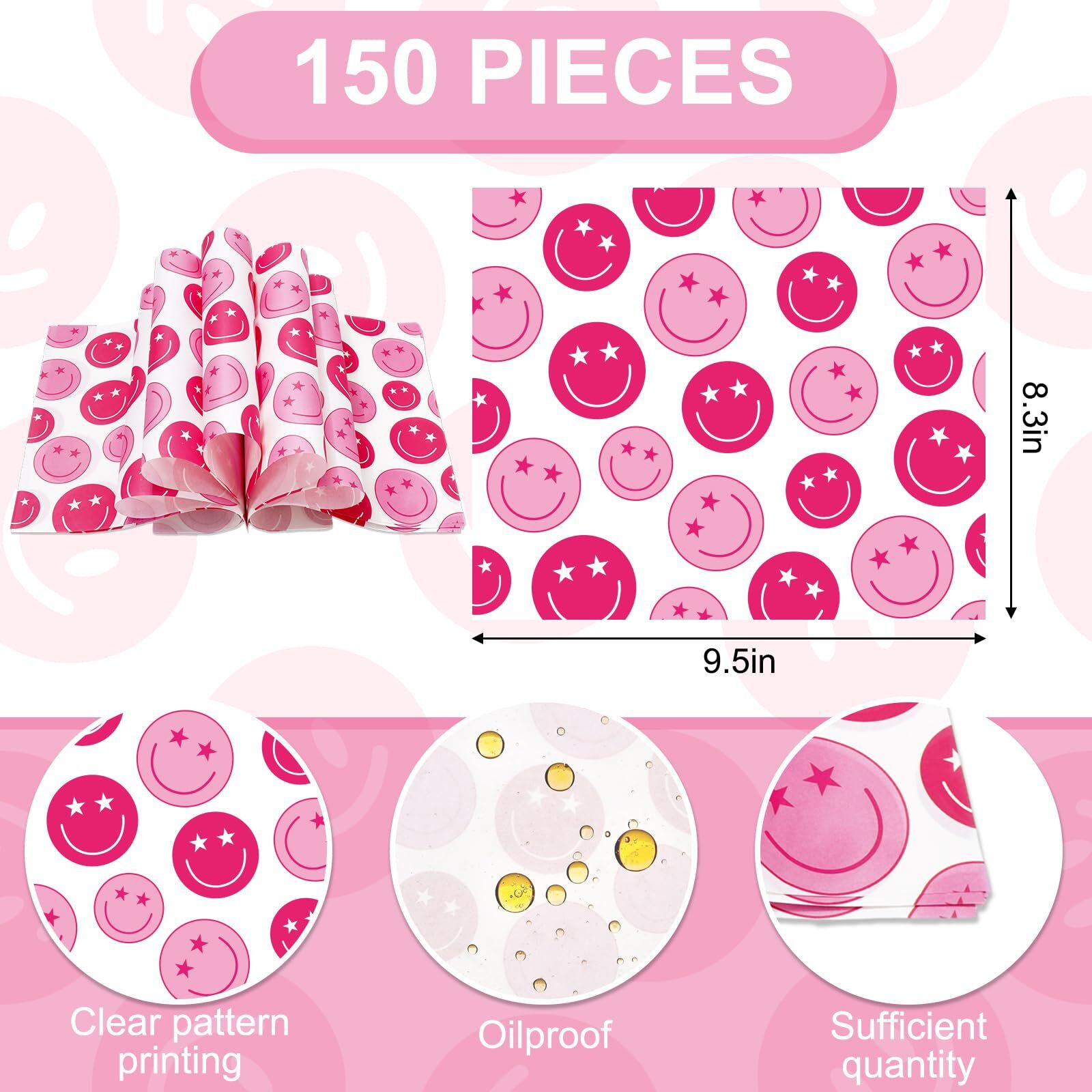 Jarthenaamcs 150Pcs Preppy Wax Paper Pink Smile Face Deli Paper Sandwich Wrap Paper Tissue Waterproof Oil-Proof Picnic Liners For Party Kitchen Supplies, 9.8 X 8.3 Inch