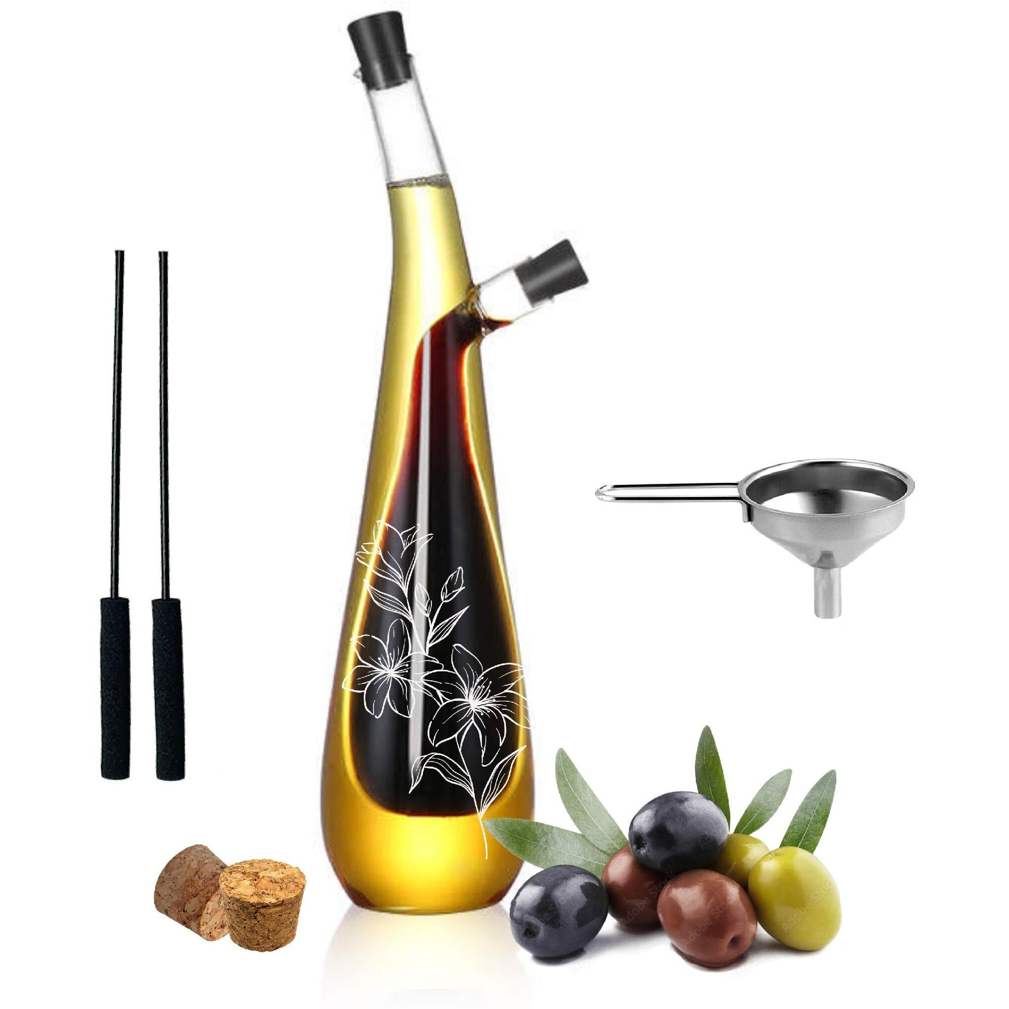 Wishamotherwould Oil And Vinegar Dispenser Bottle - Handblown Glass With Elegant Floral Etched Design - Premium Glass Salad Dressing Bottle - Olive Oil And Vinegar Dispenser Set - 12 Oz