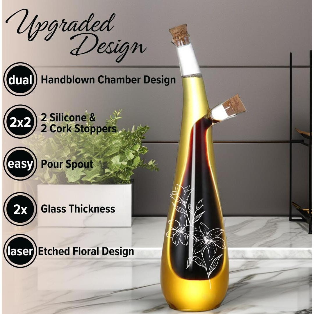 Wishamotherwould Oil And Vinegar Dispenser Bottle - Handblown Glass With Elegant Floral Etched Design - Premium Glass Salad Dressing Bottle - Olive Oil And Vinegar Dispenser Set - 12 Oz