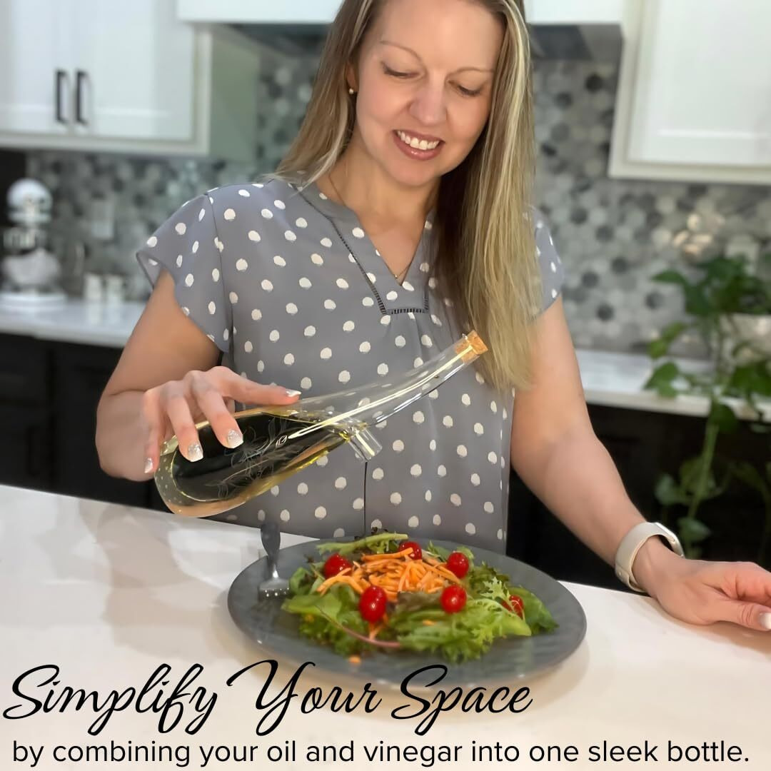 Wishamotherwould Oil And Vinegar Dispenser Bottle - Handblown Glass With Elegant Floral Etched Design - Premium Glass Salad Dressing Bottle - Olive Oil And Vinegar Dispenser Set - 12 Oz