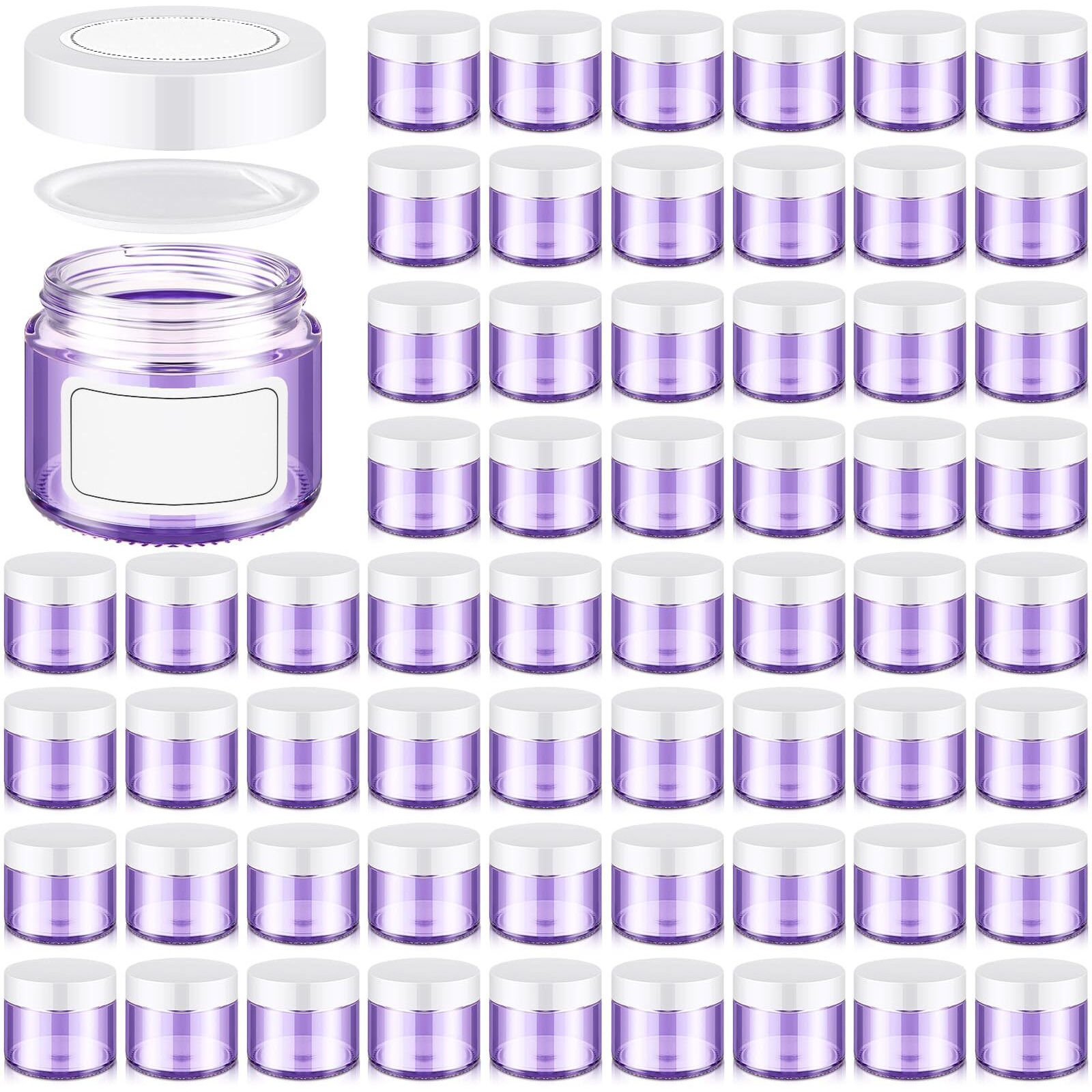 Layhit 2 Oz Amber Jars With Lids, Empty Round Cosmetic Jars Travel Storage Jar With Inner Liners White Labels For Scrubs, Lotions, Cosmetic,Spice,Powder And Ointments(Purple, White Lid)
