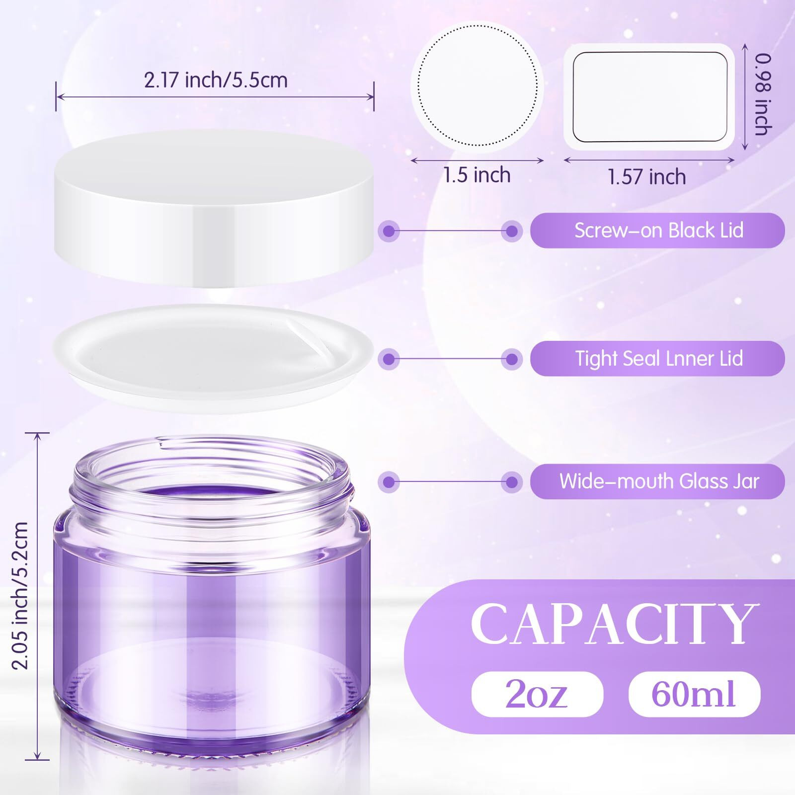 Layhit 2 Oz Amber Jars With Lids, Empty Round Cosmetic Jars Travel Storage Jar With Inner Liners White Labels For Scrubs, Lotions, Cosmetic,Spice,Powder And Ointments(Purple, White Lid)