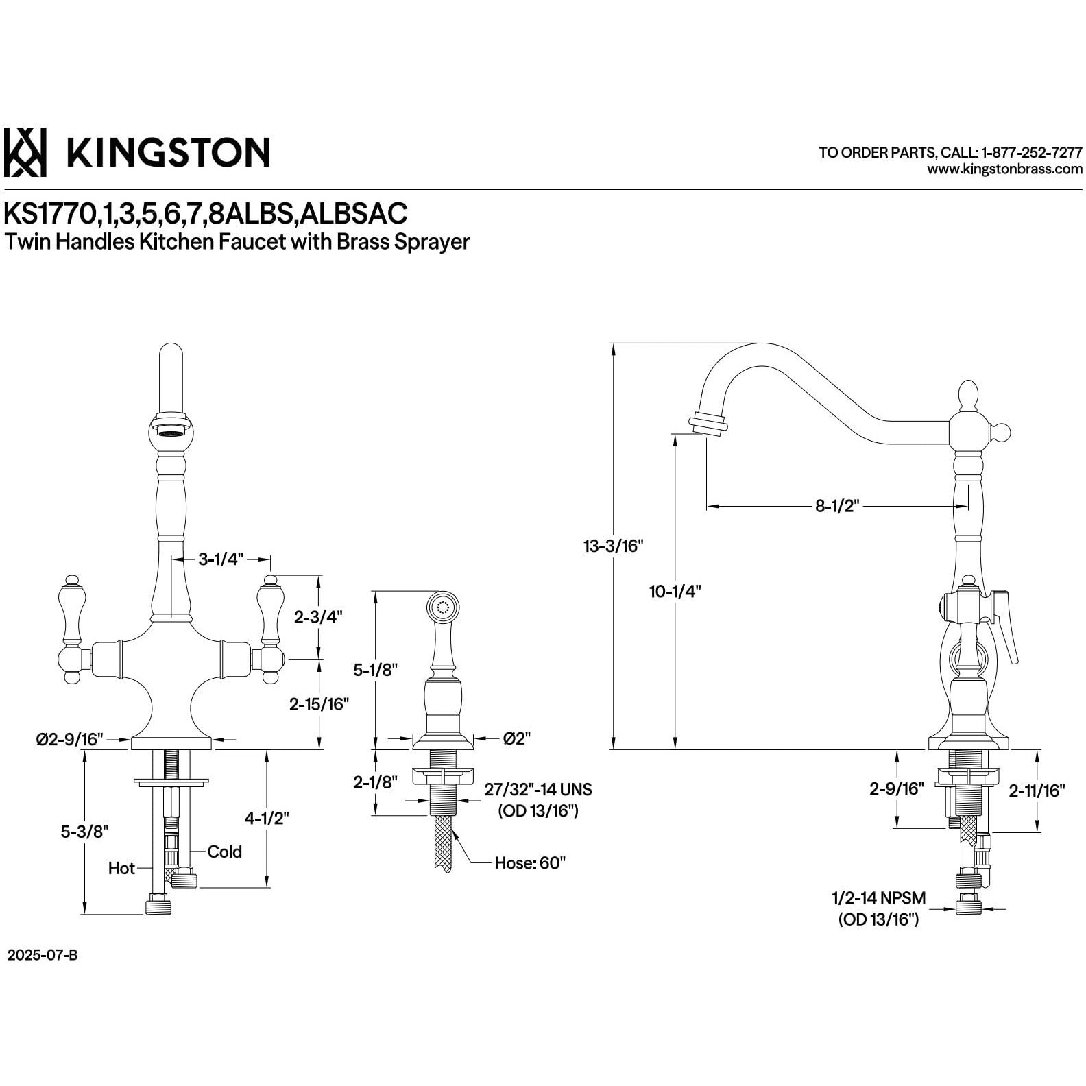 Kingston Brass Ks1775Albs Heritage Single-Handle Kitchen Faucet, Oil-Rubbed Bronze, 8-1/4  In. Spout Reach