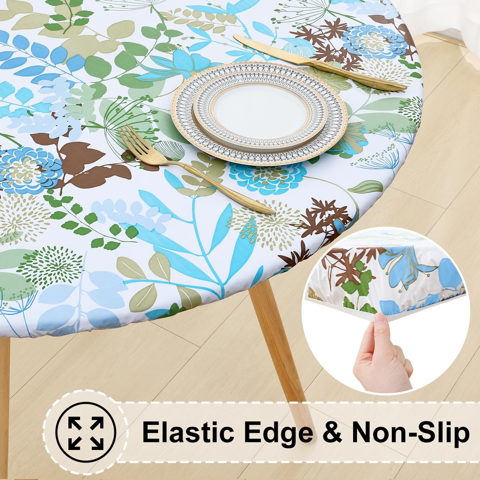 Misaya Round Fitted Tablecloth With Elastic Edge, 100% Waterproof Oil Proof Plastic Table Cover, Vinyl Flannel Backed Tablecloth Fits 45""-56"" Round Tables For Dinner, Outdoor, Picnic, Leaves