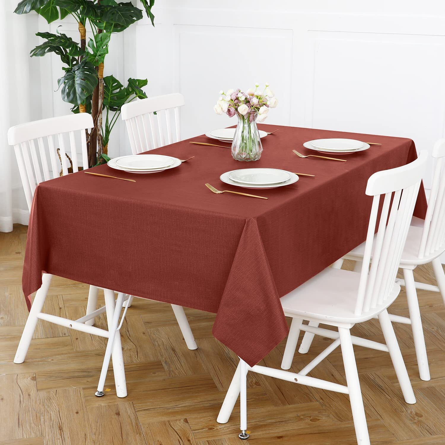 Romanstile Christmas 100% Waterproof Pvc Tablecloth, Rectangle Oil Spill Proof Stain Resistant Vinyl Table Cloth, Wipe Clean Plastic Table Covers For Kitchen/Dining/Parties - 54 X 78 Inch, Rust Red