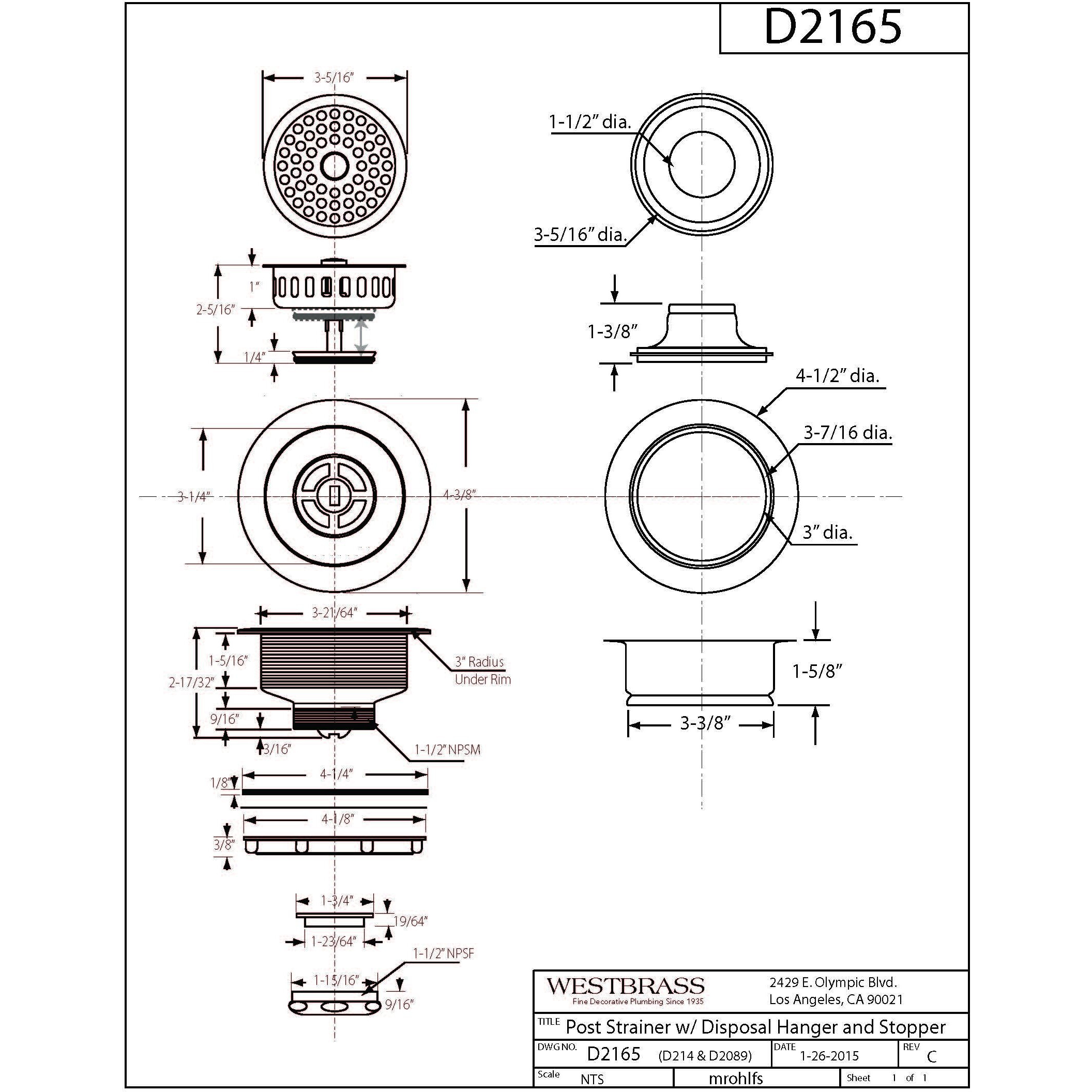 Westbrass D2165-12 Post Style Large Kitchen Basket Strainer With Waste Disposal Flange And Stopper, Oil Rubbed Bronze