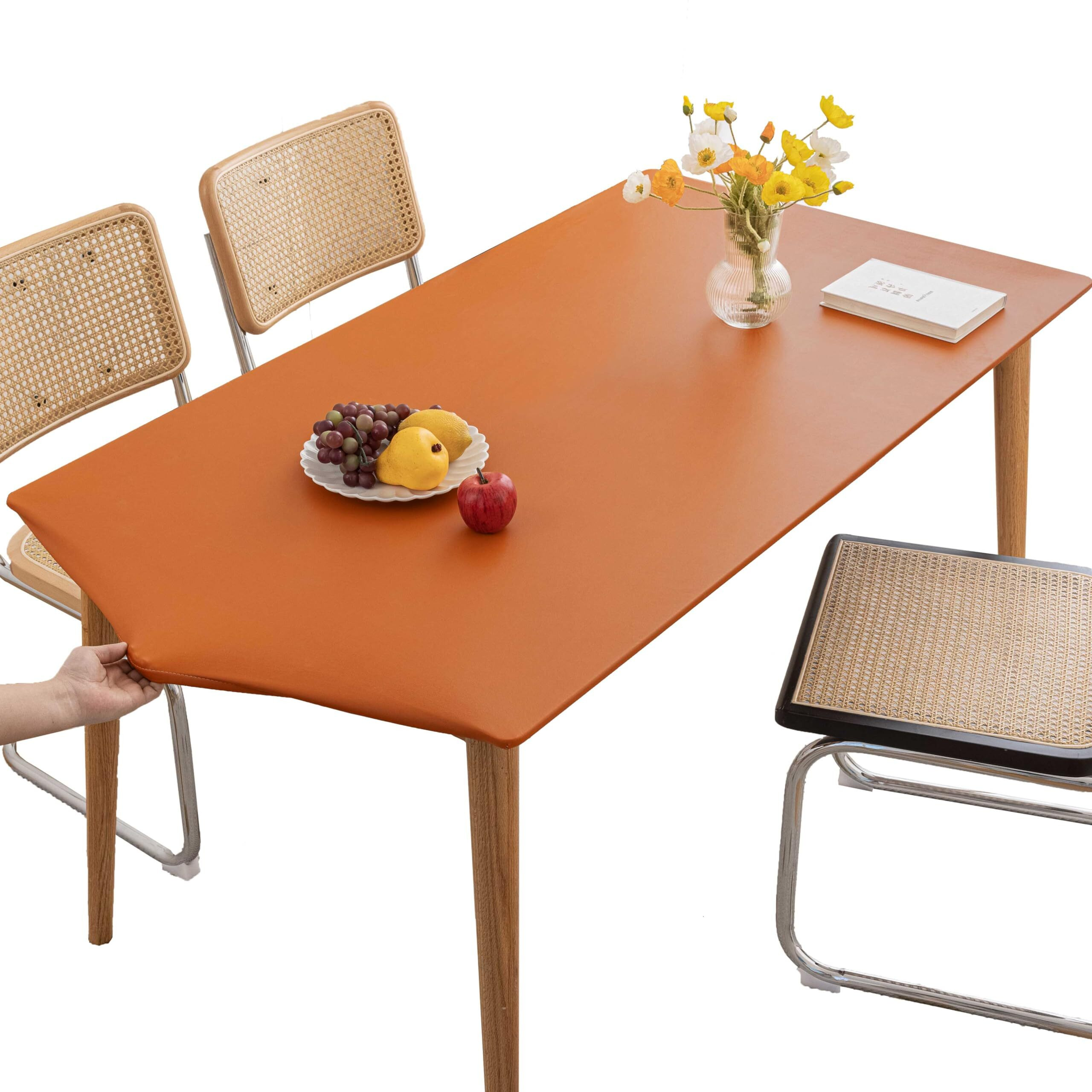 Huierxun Pu Stretch Fitted Rectangle Tablecloth With Elastic Edge 35 X 55 Inch Waterproof Oil Proof Table Cloth Wipeable Table Cover For Indoor Outdoor Furniture Protect (Orange,35"&quotX55"")