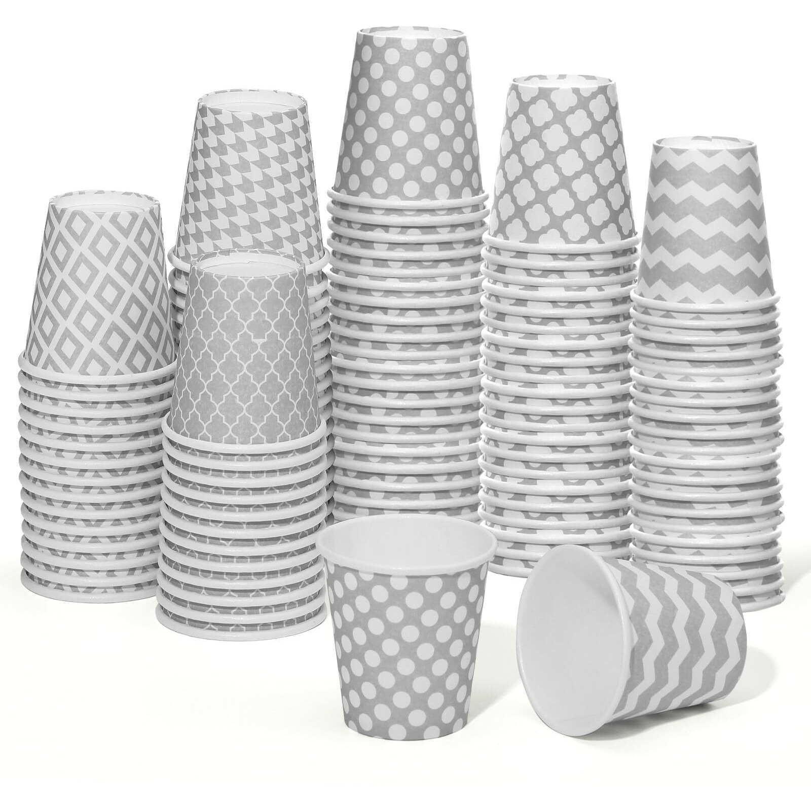 Sawysine 300 Count 3 Oz Disposable Small Paper Cups For Bathroom, Mouthwash, Coffee & More Mini Cups For Supermarket, Birthday Party, Travel, Picnic & Bbq(Geometric Gray Style)