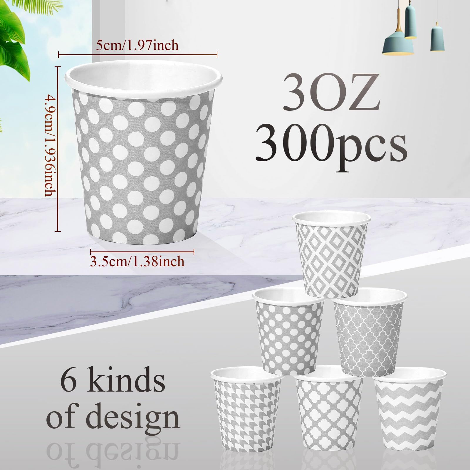 Sawysine 300 Count 3 Oz Disposable Small Paper Cups For Bathroom, Mouthwash, Coffee & More Mini Cups For Supermarket, Birthday Party, Travel, Picnic & Bbq(Geometric Gray Style)