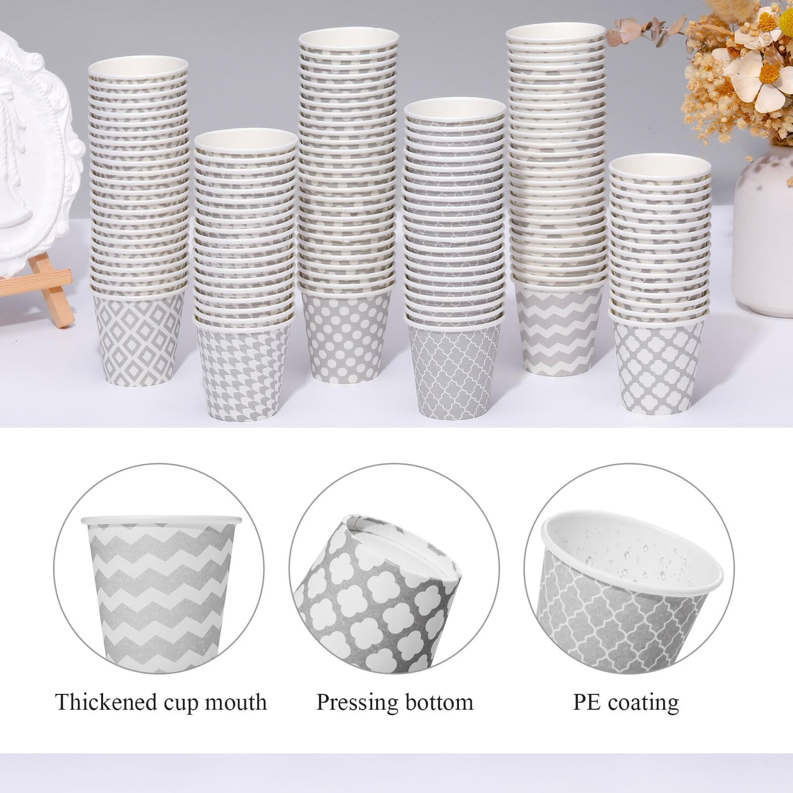 Sawysine 300 Count 3 Oz Disposable Small Paper Cups For Bathroom, Mouthwash, Coffee & More Mini Cups For Supermarket, Birthday Party, Travel, Picnic & Bbq(Geometric Gray Style)