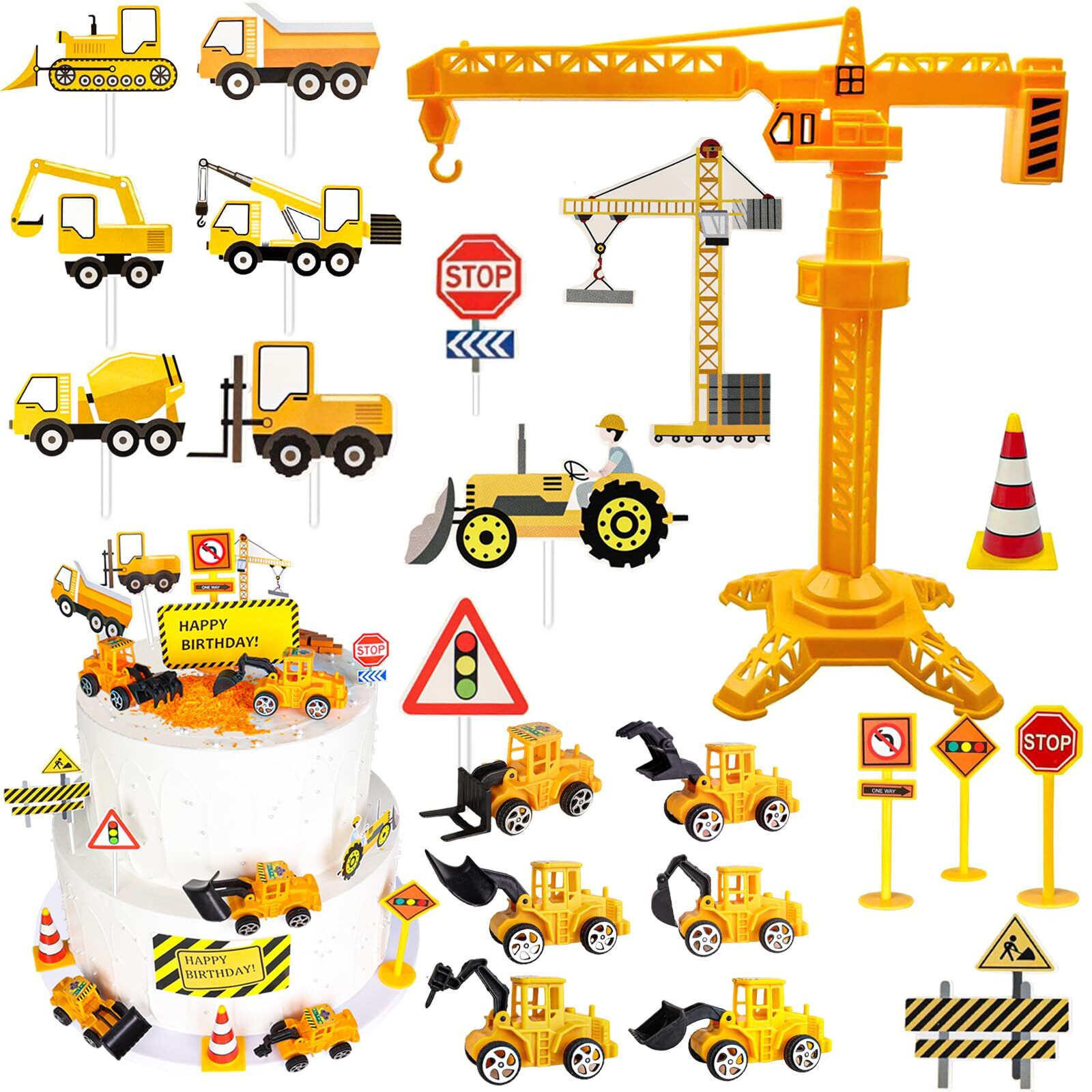 Hercocci 25Pcs Construction Cake Topper, Excavator Tower Cupcake Topper Bulldozer Backhoe Traffic Road Sign Cake Decor Vehicles Decorations Construction Birthday Party Supplies
