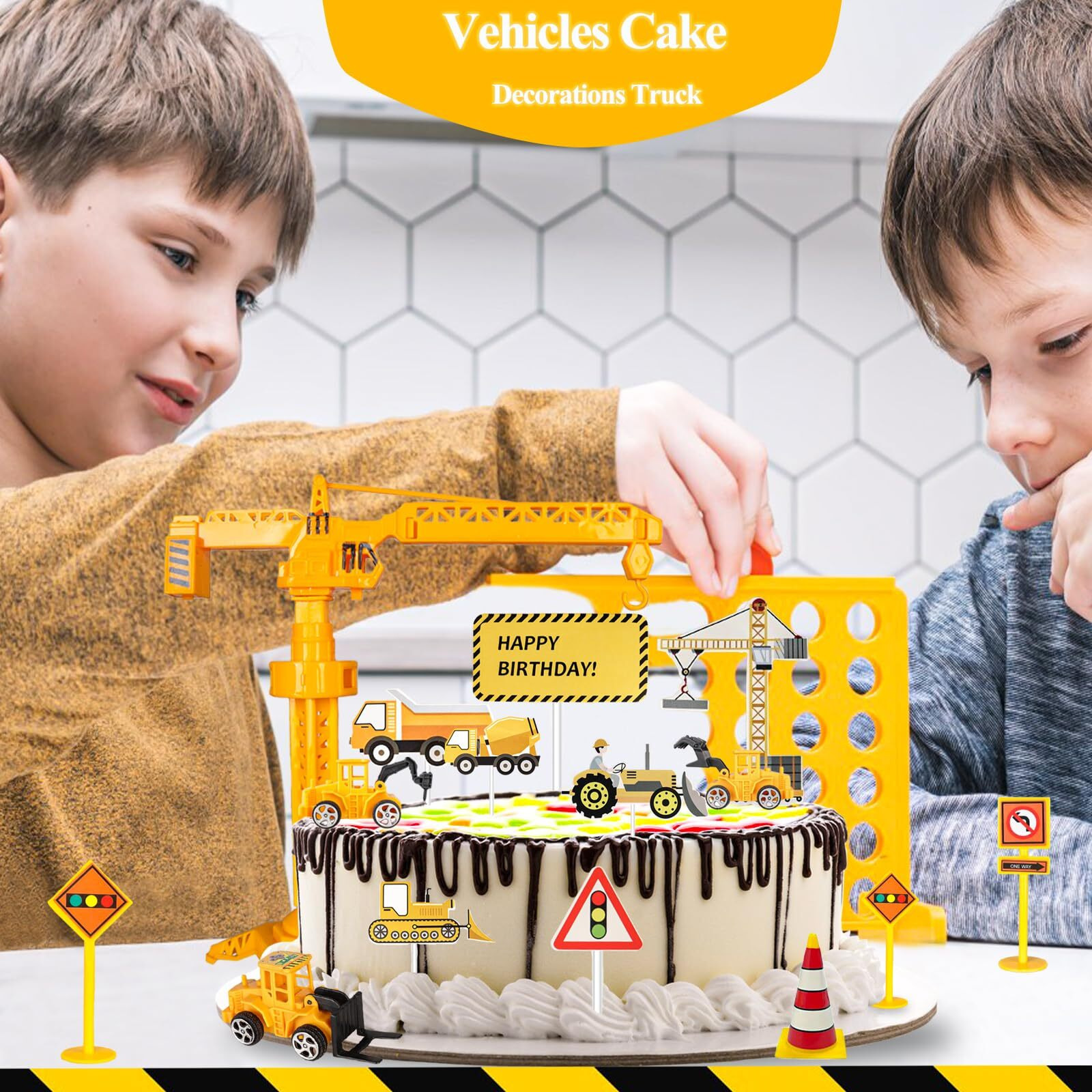 Hercocci 25Pcs Construction Cake Topper, Excavator Tower Cupcake Topper Bulldozer Backhoe Traffic Road Sign Cake Decor Vehicles Decorations Construction Birthday Party Supplies