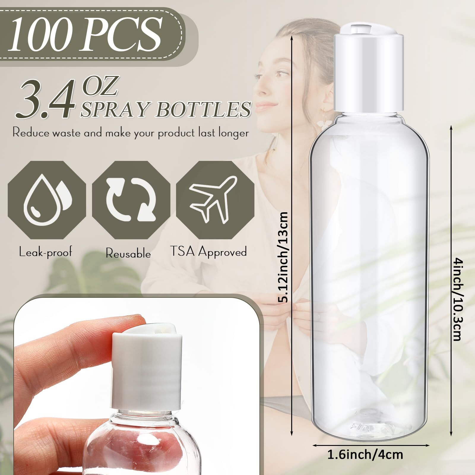 Roshtia 100 Pcs Plastic Bottles Toiletries Empty Travel Size Containers Leak Proof Squeeze Bottles Refillable Travel Lotion Container For Cream Conditioner(3.4 Oz,White)