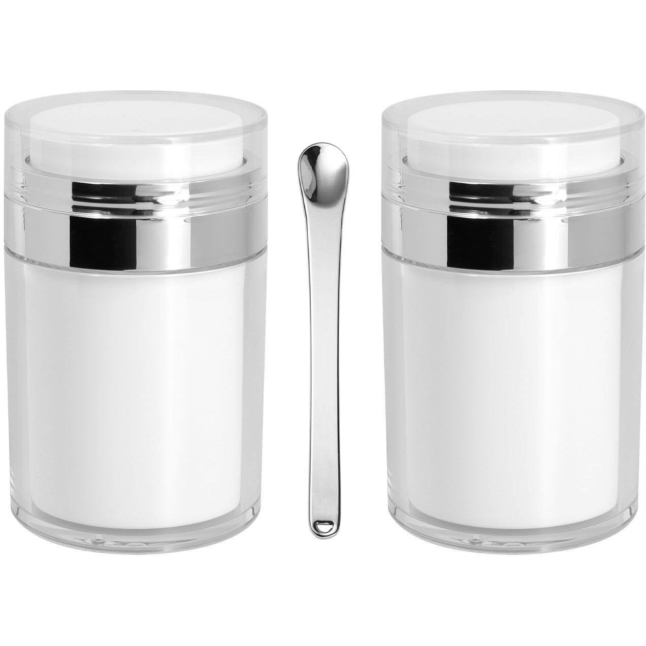 2Pack Airless Pump Jars With Cosmetic Spatula, 3.5 Oz Empty Refillable Cosmetic Air Pump Jars Bottles Airless Lotion Cream Dispenser Portable Travel Makeup Containers (Silver)