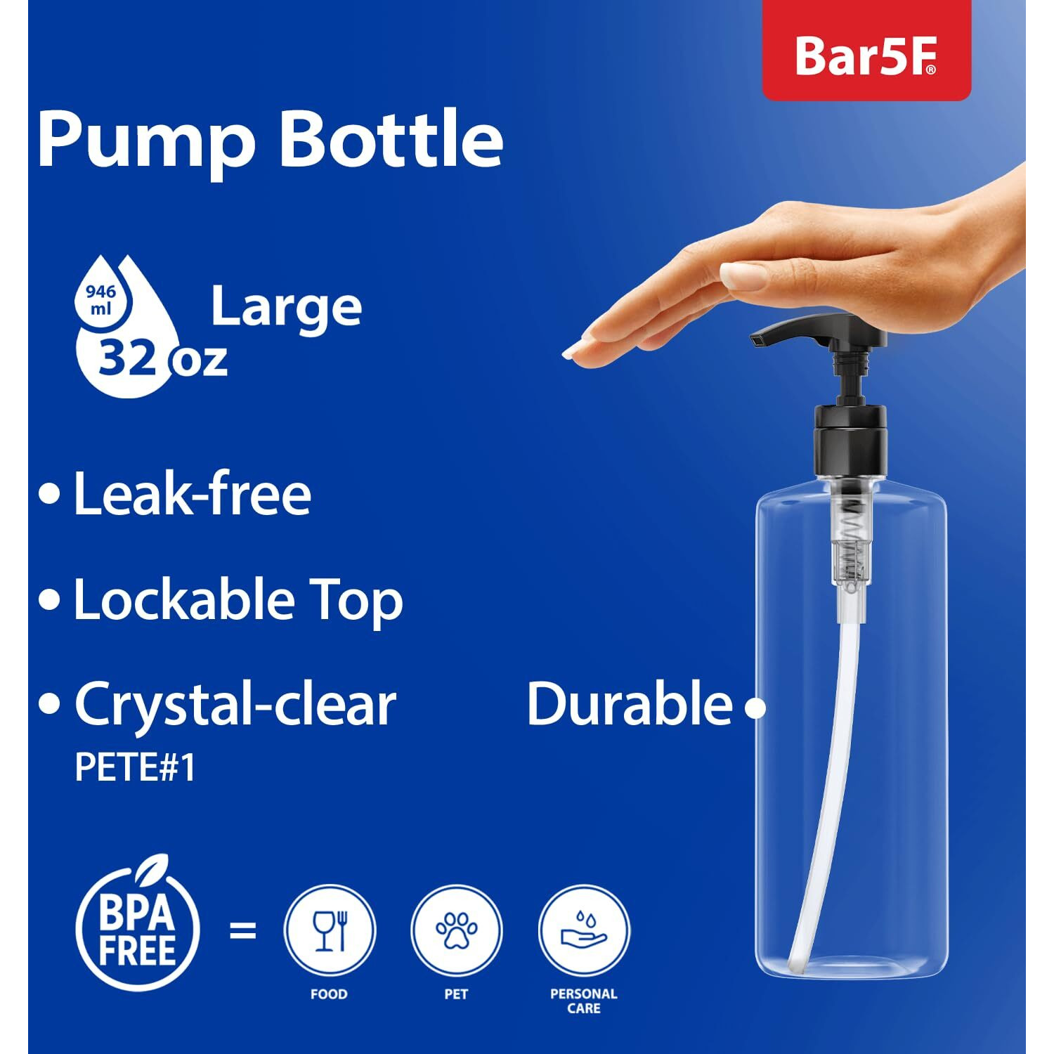 Bar5F Pump Bottle 32-Ounce 1-Liter Empty For Shampoo Conditioner Body Wash Lotion Bpa-Free Crystal-Clear (Pack Of 1)