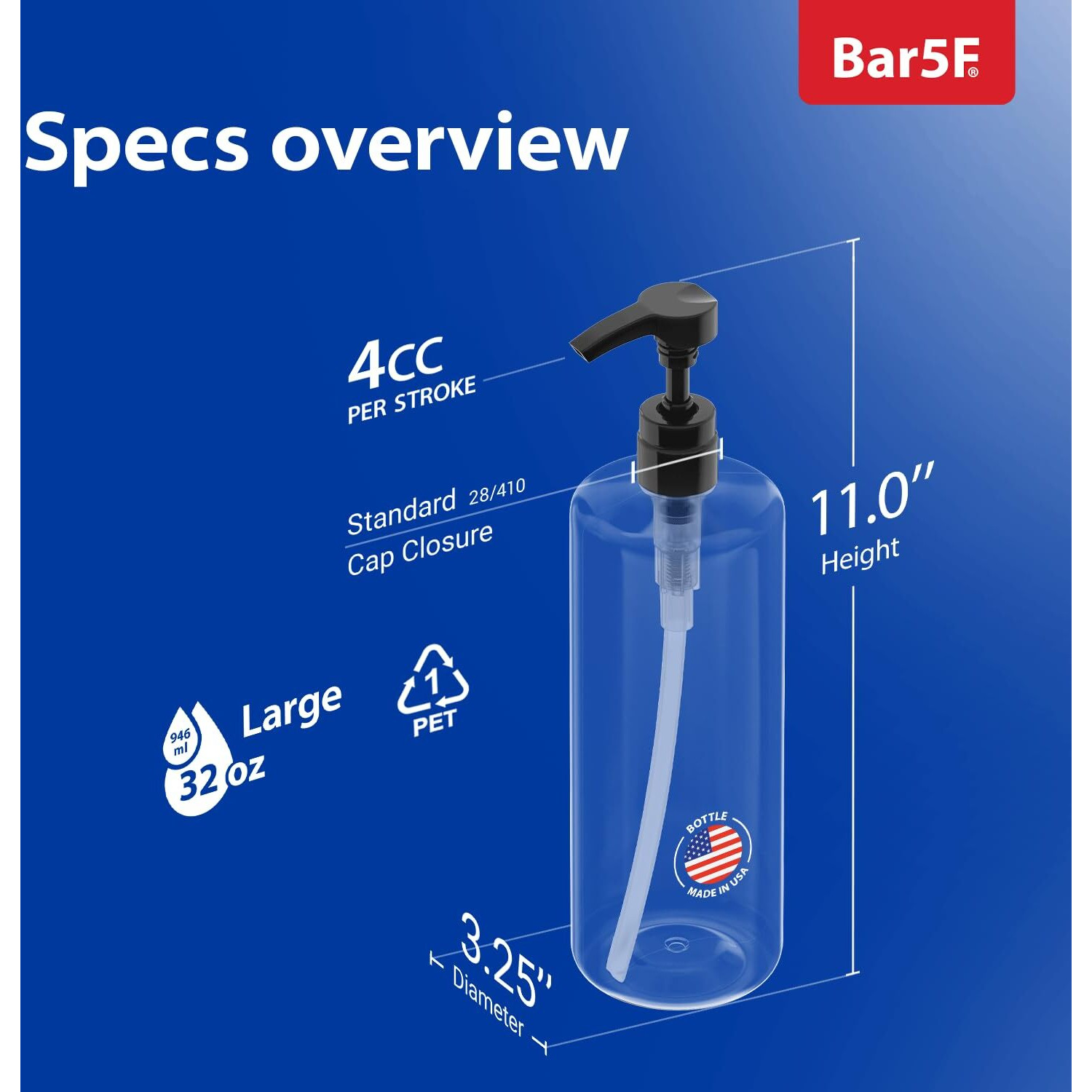 Bar5F Pump Bottle 32-Ounce 1-Liter Empty For Shampoo Conditioner Body Wash Lotion Bpa-Free Crystal-Clear (Pack Of 1)