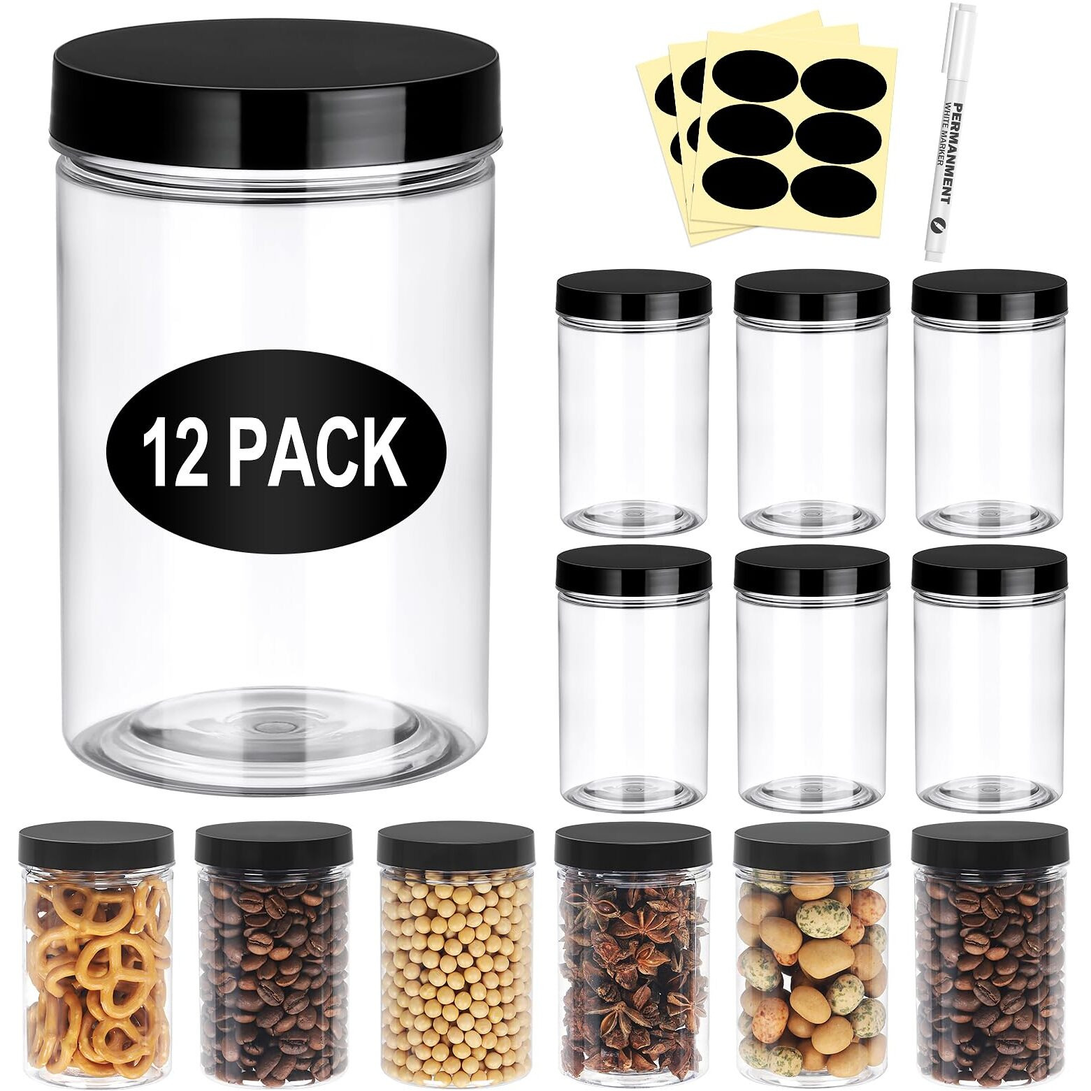 Eupako 12 Pack Plastic Jars With Lids 8 Oz - Empty Clear Cosmetics Containers With Pen And Labels, Round Small Plastic Jars With Screw On Lids For Slime, Makeup, Butter, Cream, Lotion, Pot, Dry Food