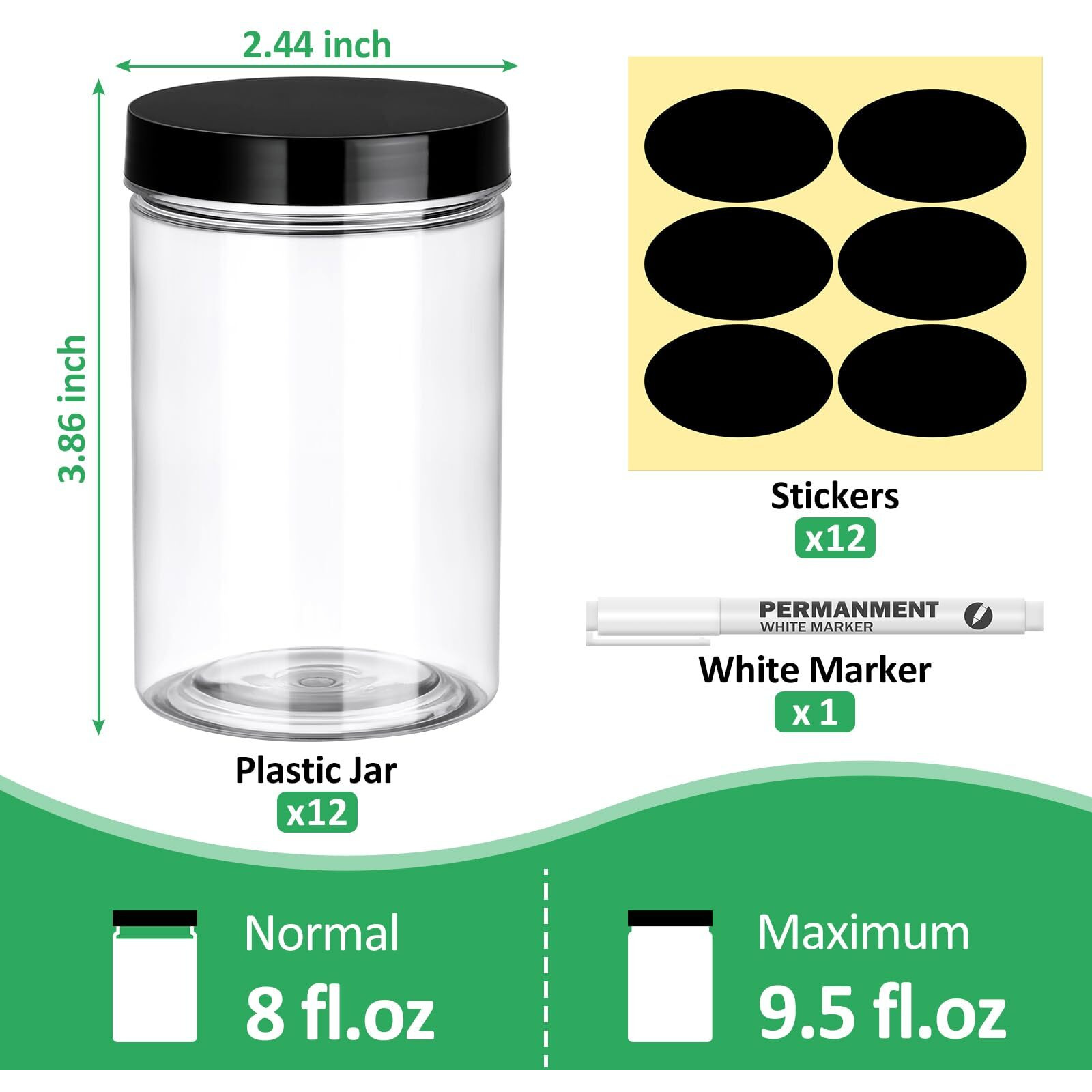 Eupako 12 Pack Plastic Jars With Lids 8 Oz - Empty Clear Cosmetics Containers With Pen And Labels, Round Small Plastic Jars With Screw On Lids For Slime, Makeup, Butter, Cream, Lotion, Pot, Dry Food