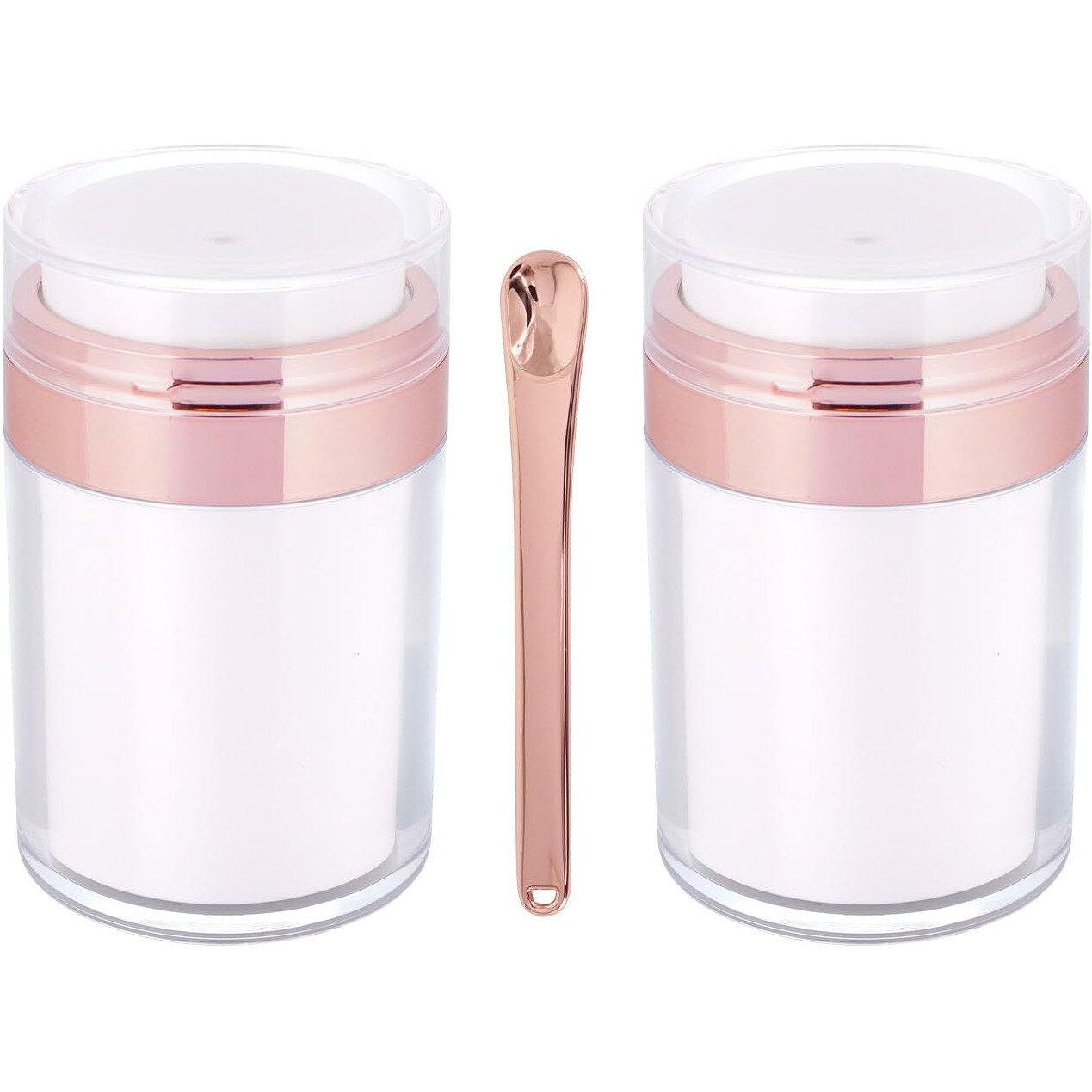 2Pack Airless Pump Jars With Cosmetic Spatula, 3.5 Oz Empty Refillable Cosmetic Air Pump Jars Bottles Airless Lotion Cream Dispenser Portable Travel Makeup Containers (Rosegold)