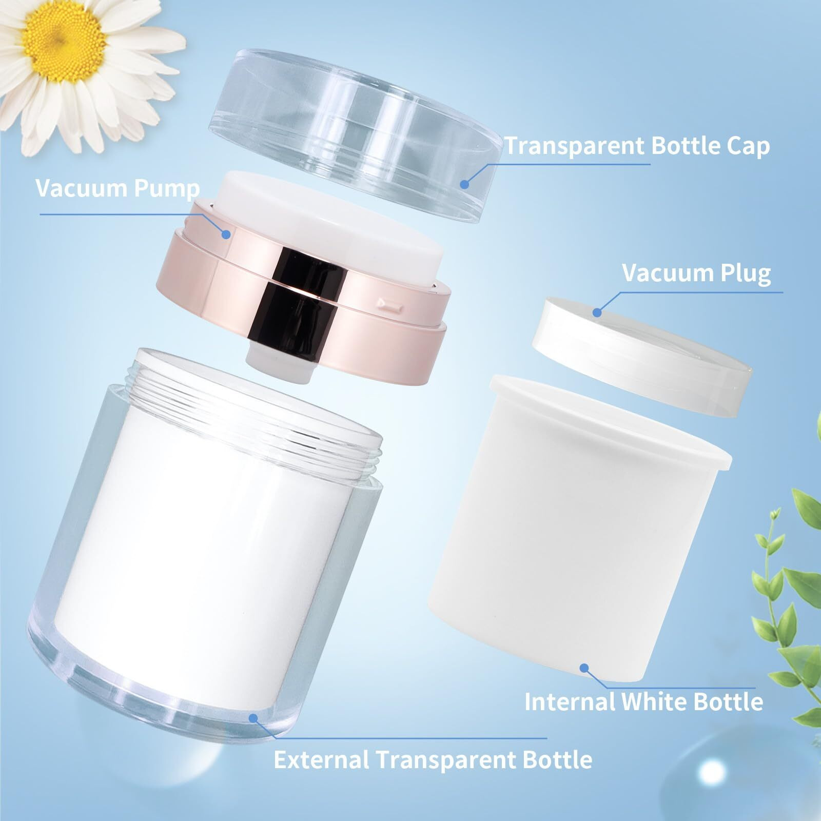 2Pack Airless Pump Jars With Cosmetic Spatula, 3.5 Oz Empty Refillable Cosmetic Air Pump Jars Bottles Airless Lotion Cream Dispenser Portable Travel Makeup Containers (Rosegold)