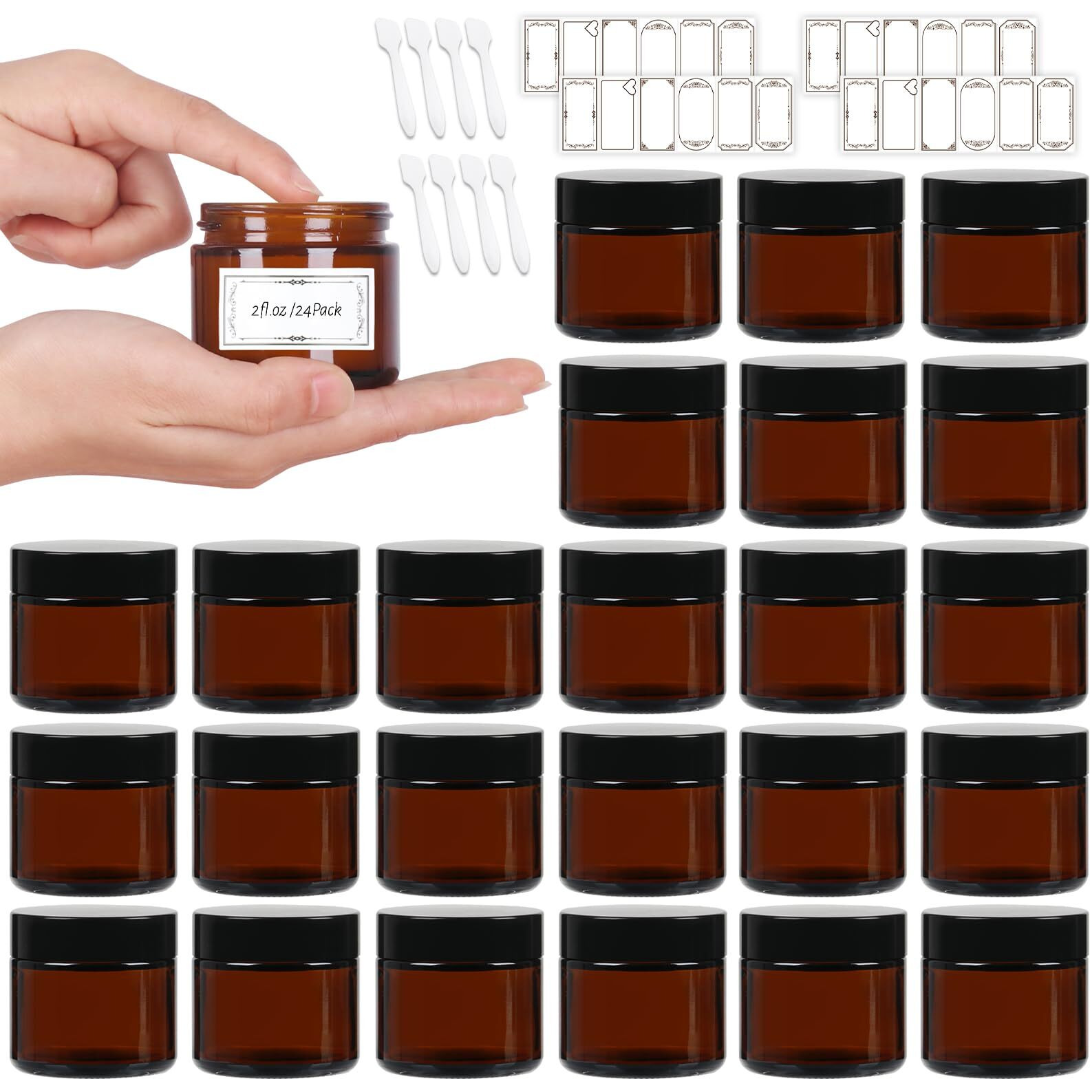 2Oz Amber Glass Jars With Lids 24Pack- 2 Oz Airtight Small Jars With Lids&Stickers For Cosmetics, Body Butter, Candle Making (2Fl.Oz-24Pack)