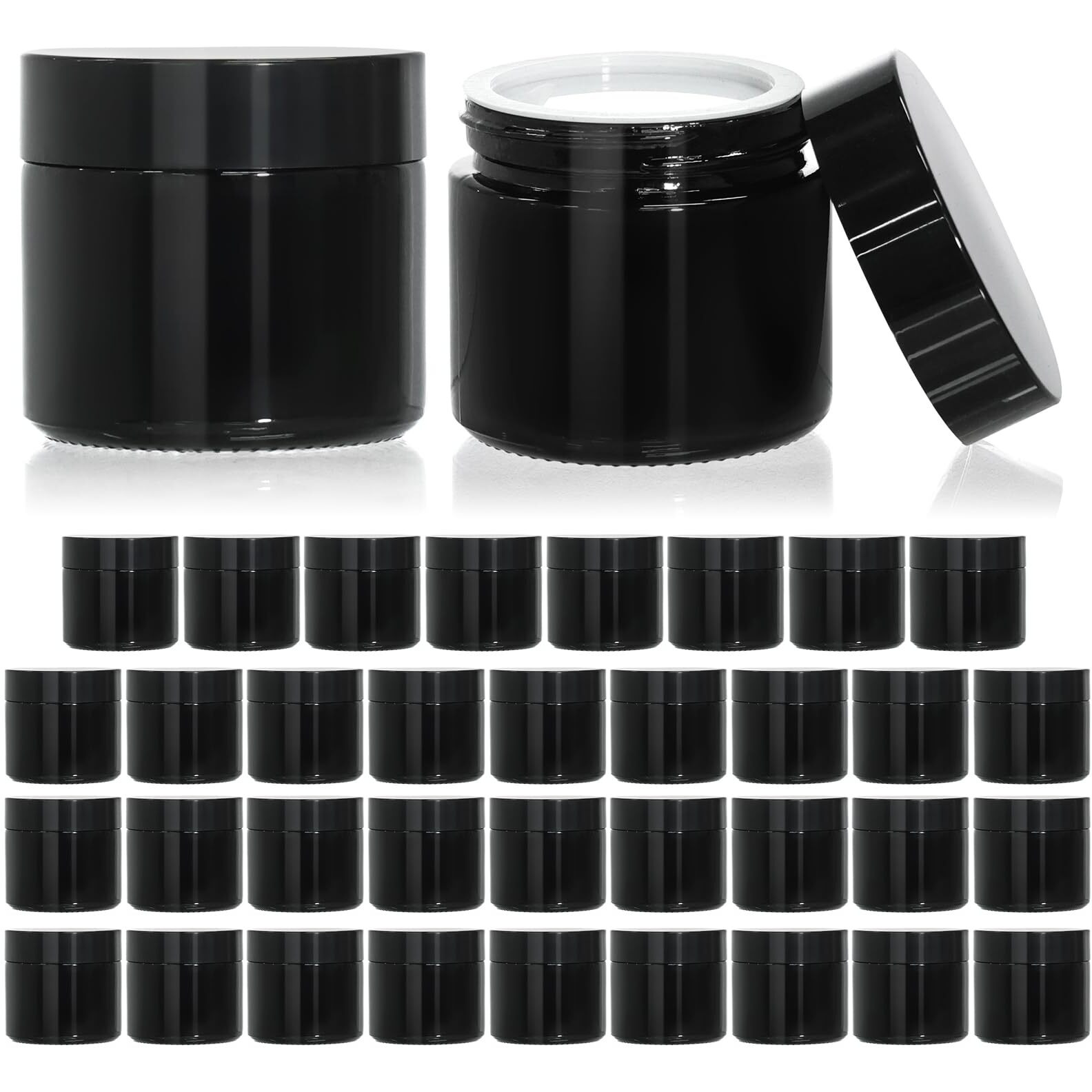 Keywing 2Oz Small Glass Jars, 35 Pack Black Glass Lotion Containers With Black Lids, Round Sample Jars With Inner Liners For Cream, Powders And Ointments