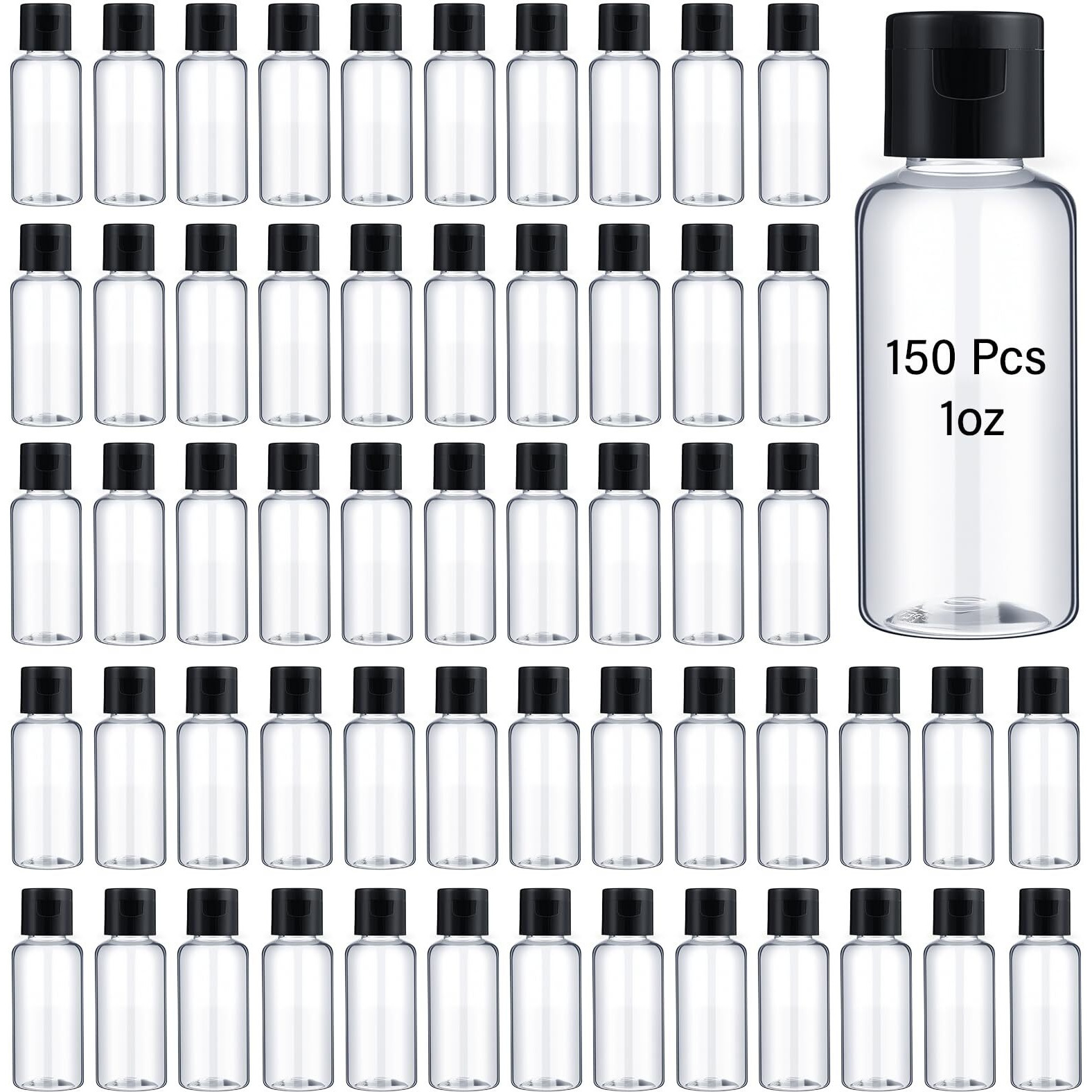 Mimorou 150 Pcs 1Oz Travel Bottles Bulk For Toiletries Clear Small Travel Size Bottles Bulk Refillable Empty Containers For Shampoo Lotion Liquid Body Soap Cream Toiletries(Black Cap)