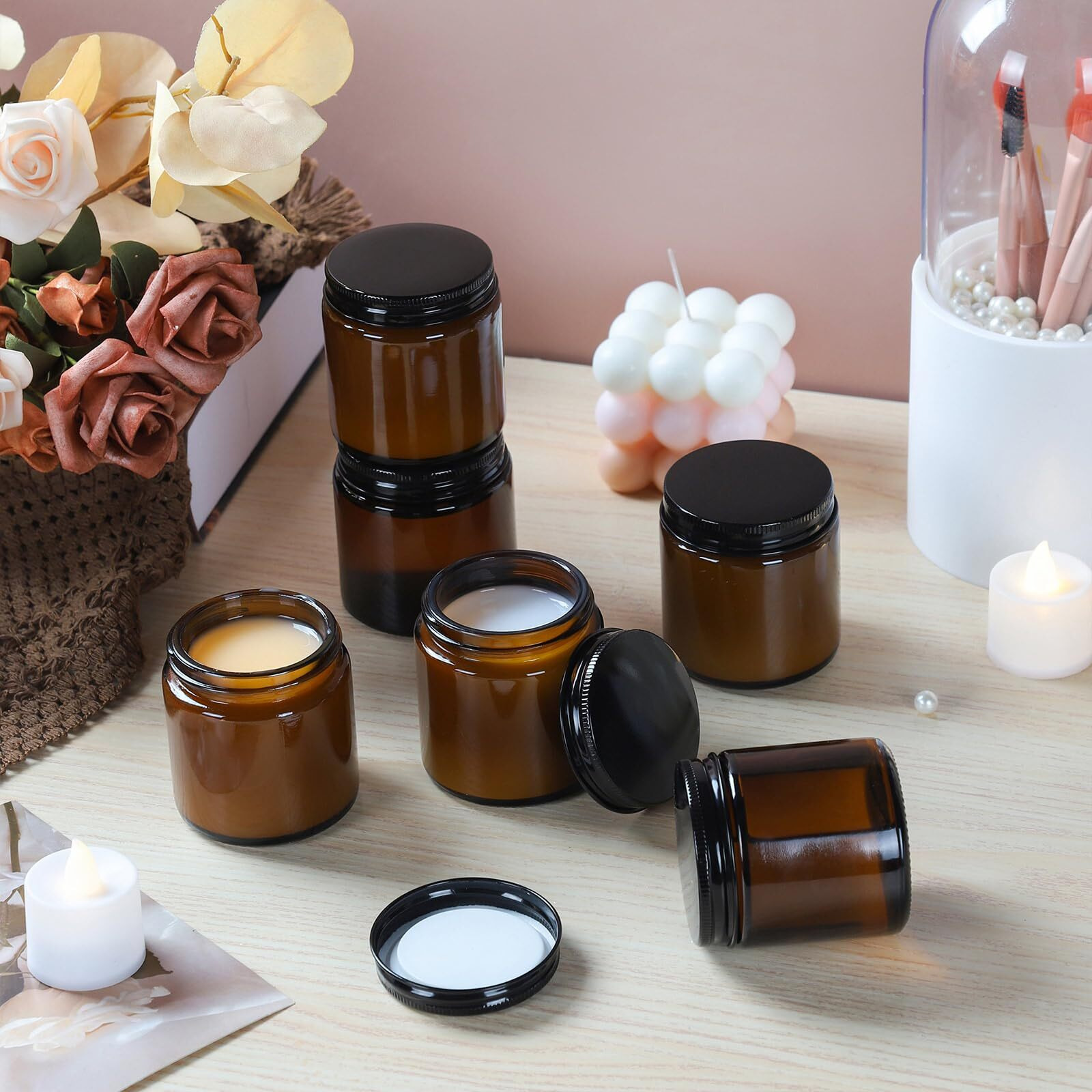 Ramfiyn 4Oz Amber Glass Jars With Lids - 12 Pack Cosmetic Containers For Travel, Lotion, Cream