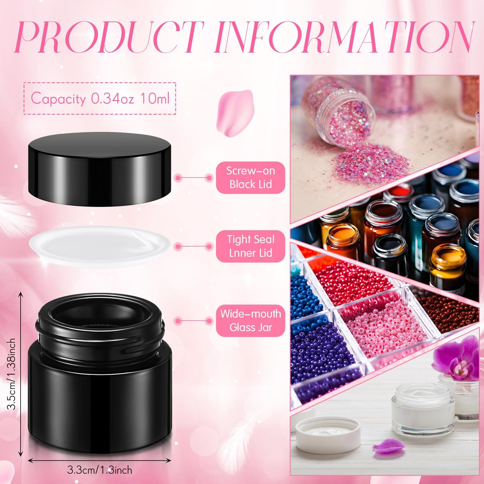 Norme 140 Pack 10Ml Glass Jars With Lids Glass Cosmetic Containers Small Empty Sample Jars With Leakproof Lids For Lip Scrub Balm, Lotion, Cream, Oil, Wax, Makeup, Cosmetic(Black)