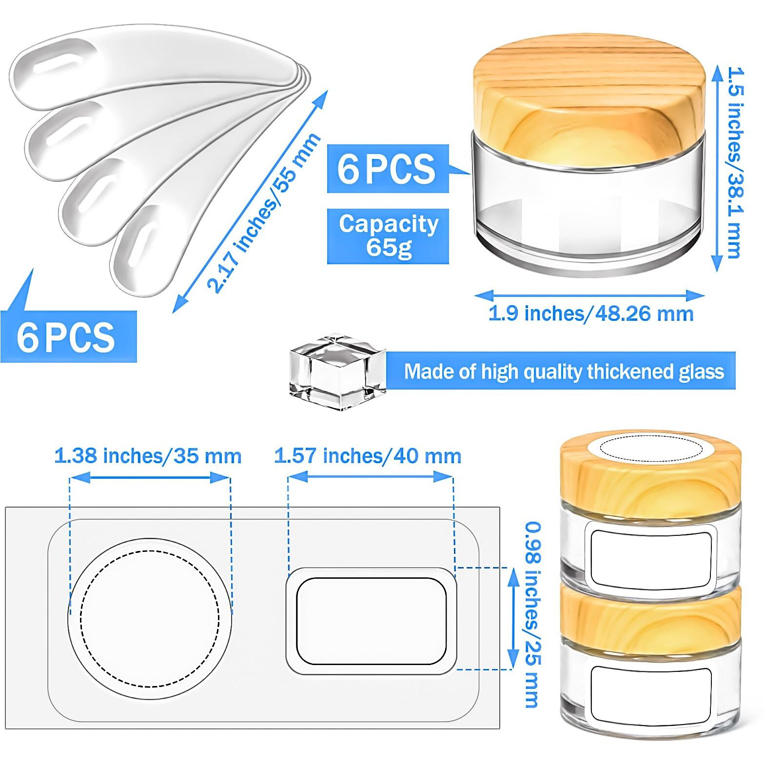 Motbach 6 Pack 1Oz Glass Jars With Lids, 1Ounce Small Glass Containers With Woodgrain Lid And Inner Liners, 30Ml Clear Round Jars Travel Toiletries With Spatula For Makeup Cosmetic Powder Cream Lotion