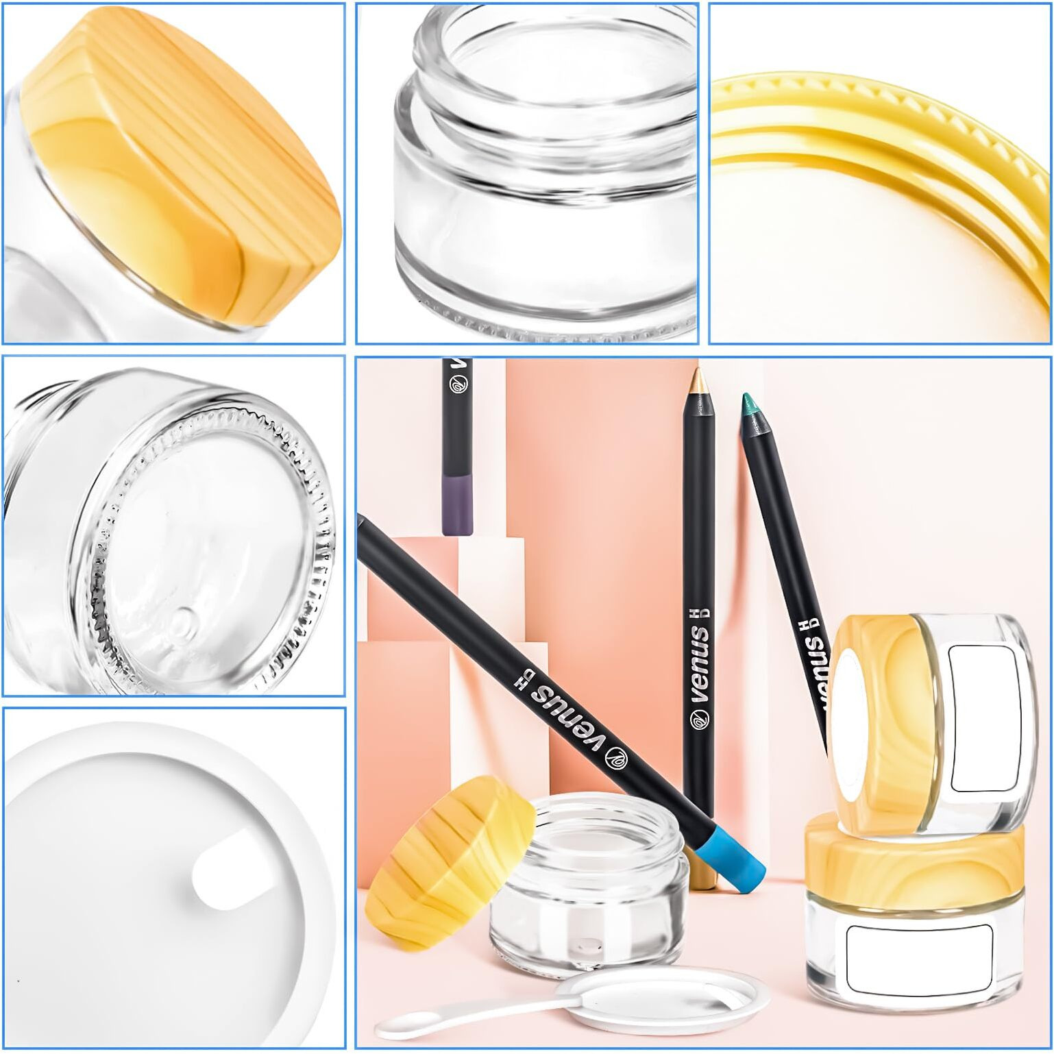 Motbach 6 Pack 1Oz Glass Jars With Lids, 1Ounce Small Glass Containers With Woodgrain Lid And Inner Liners, 30Ml Clear Round Jars Travel Toiletries With Spatula For Makeup Cosmetic Powder Cream Lotion