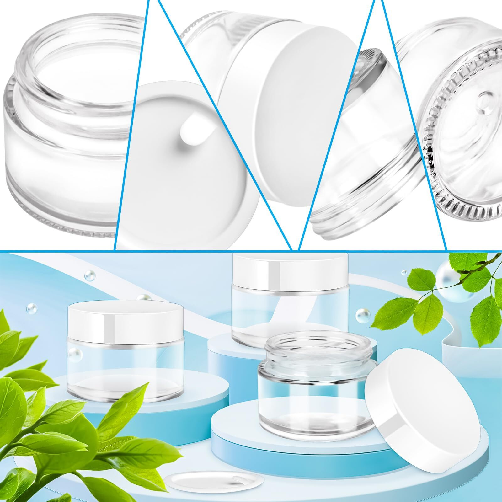 Motbach 6 Pack 1Oz Glass Jars With Lids, 1Ounce Small Glass Containers With Lids And Inner Liners, 30Ml Clear Round Jars Travel Toiletries With Spatula For Makeup Cosmetic Powder Lipbalm Cream Lotion