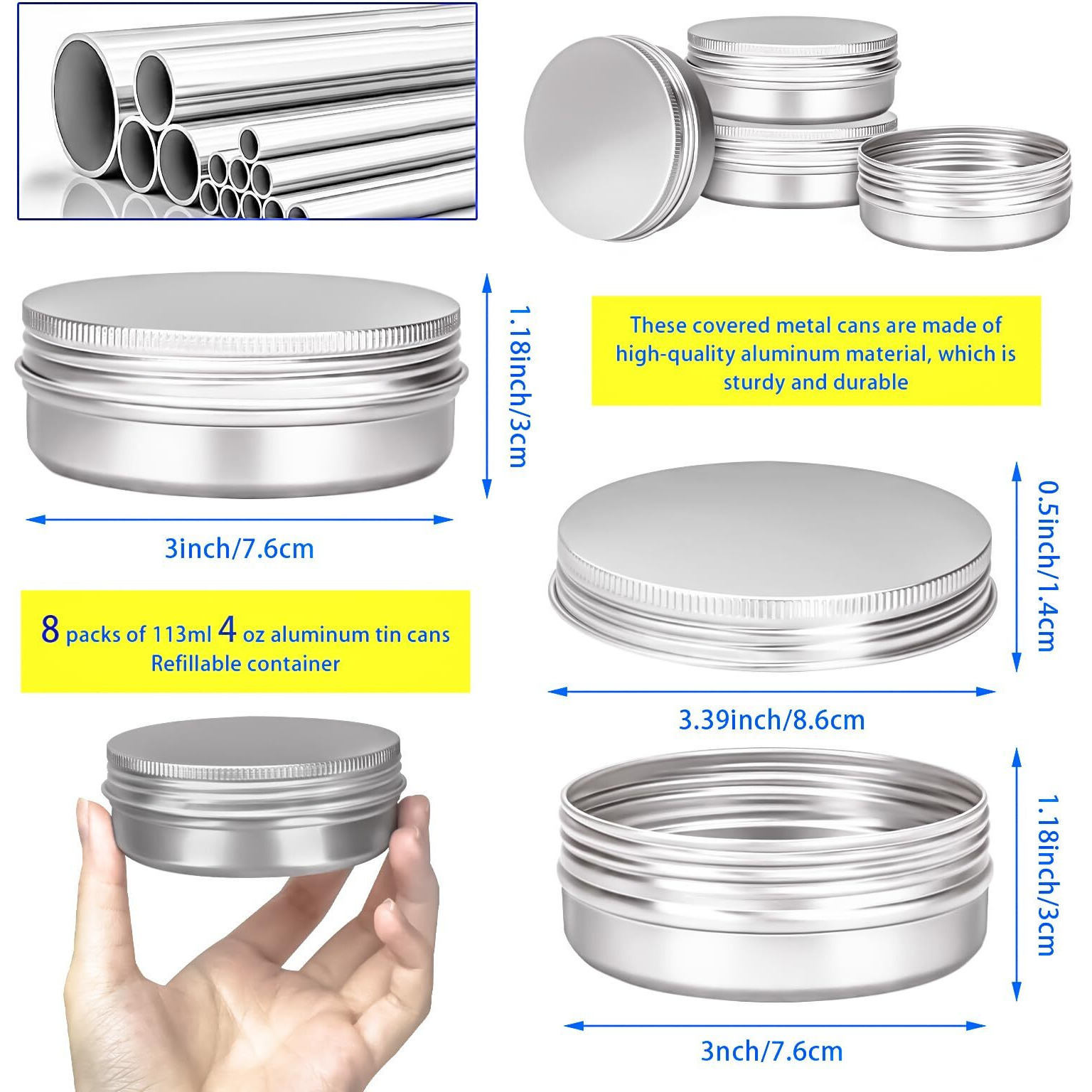 Motbach 8 Pack 4Oz Tin Jars, 120Ml Metal Tin Cans, 4Ounce Aluminum Tin Can Jar Containers With Screw Lid For Lotion Bars, Salve, Balms, Beard Balm, Spices, Sample, Toiletries, Creams, Makeup Cosmetic