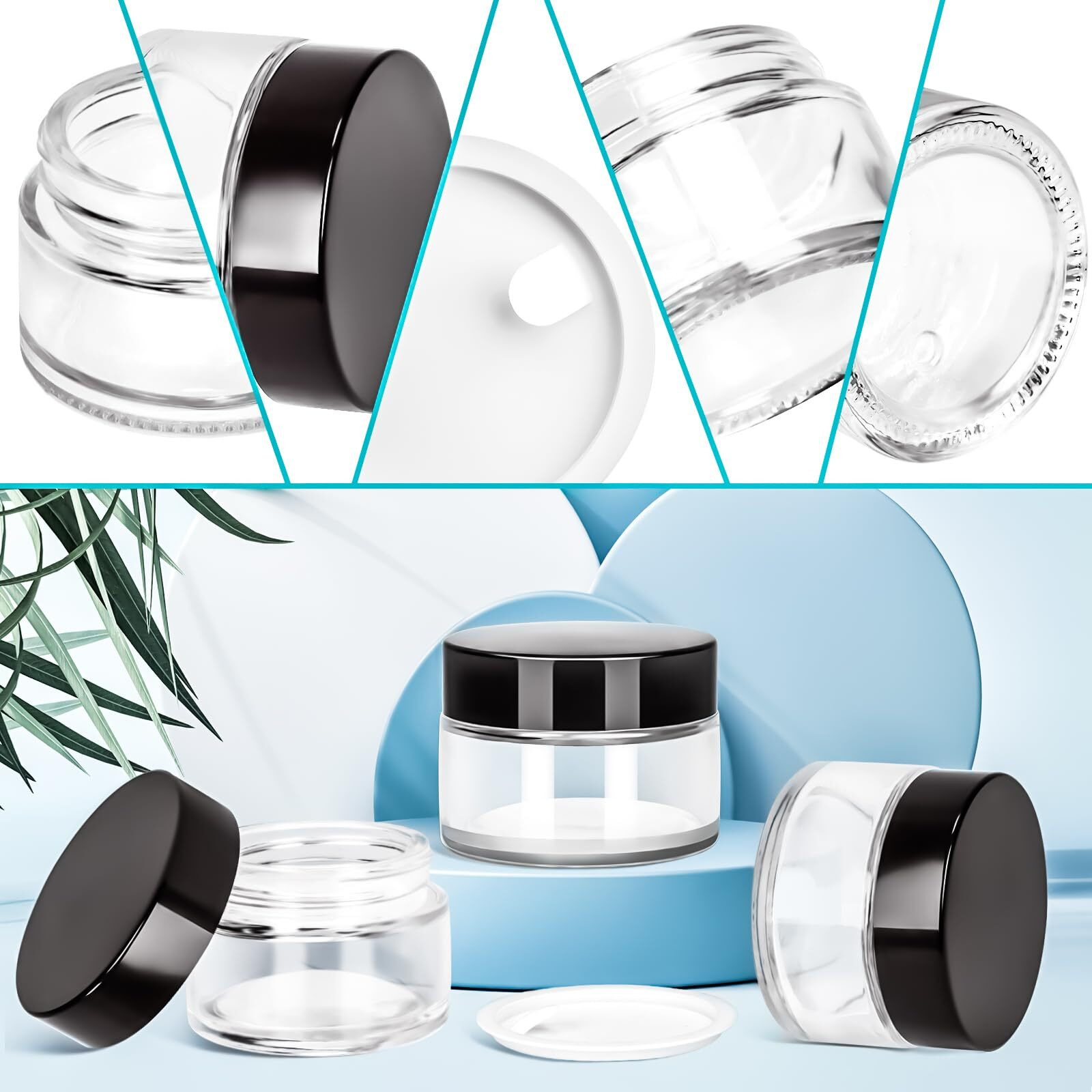 Motbach 6 Pack 1Oz Glass Jars With Lids, 1Ounce Small Glass Containers With Lids And Inner Liners, 30Ml Clear Round Jars Travel Toiletries With Spatula For Makeup Cosmetic Salve Lipbalm Cream Lotion