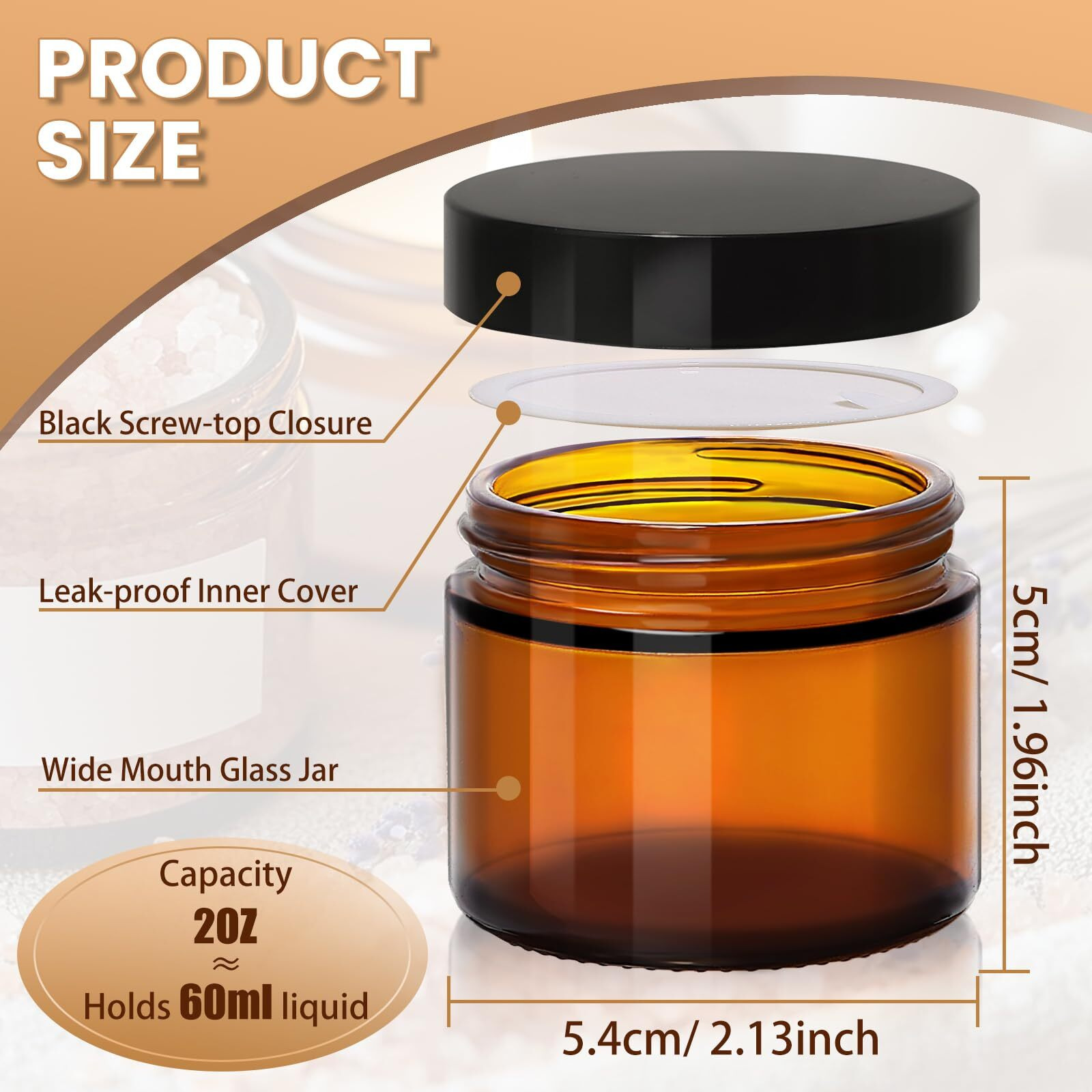 Upbud Amber 2Oz Glass Jars With Lids - 24 Pack Leakproof Small Cosmetic Containers With Inner Liners, Wide-Round Smooth Mouth, Sealable For Creams, Lotions, Essential Oils, Body Butter, Travel Samples