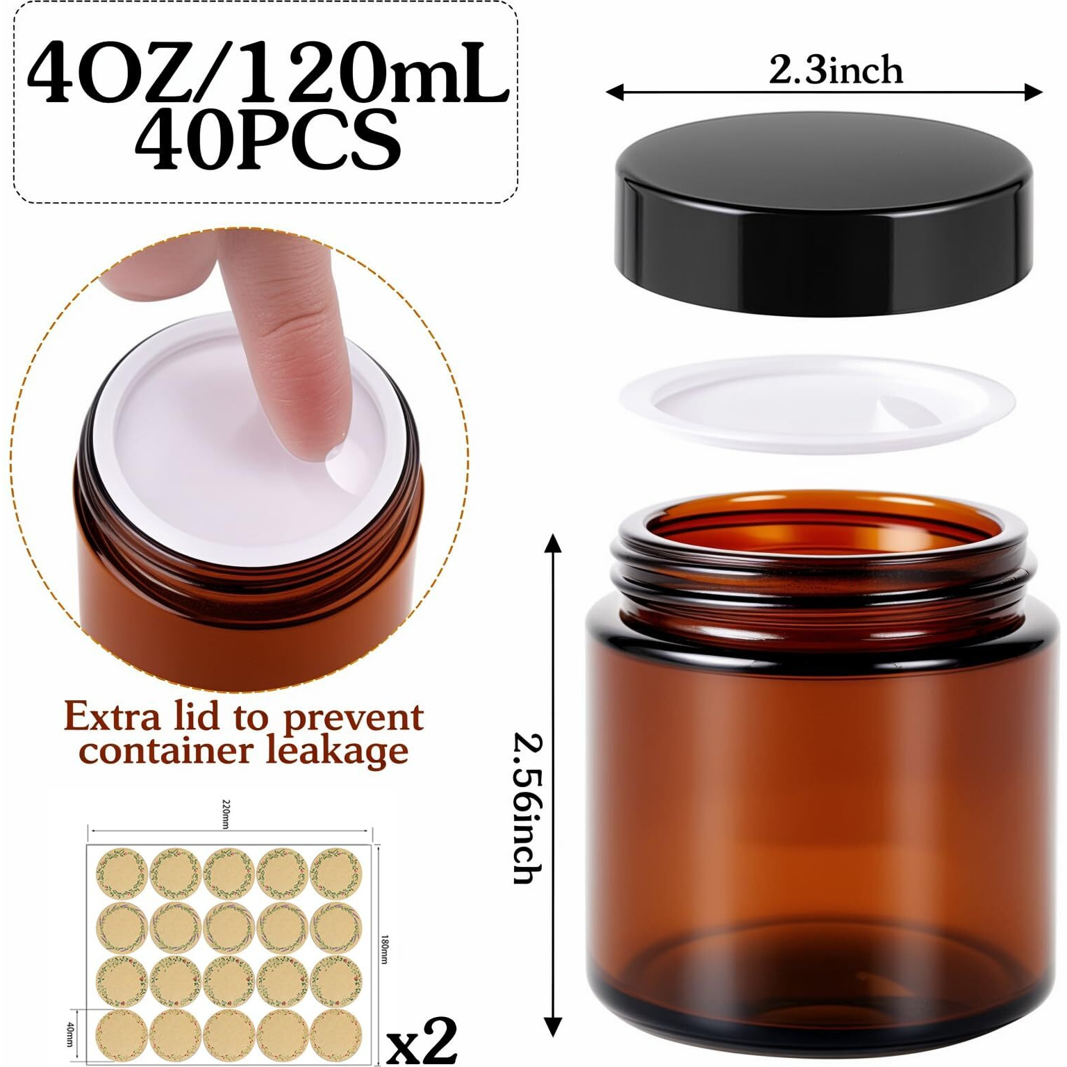 40 Pack 4 Oz Amber Glass Jars With Lids - Small Cosmetic Containers With Inner Liners - Reusable Airtight Jars For Lotion, Cream, Bath Salts, Essential Oils