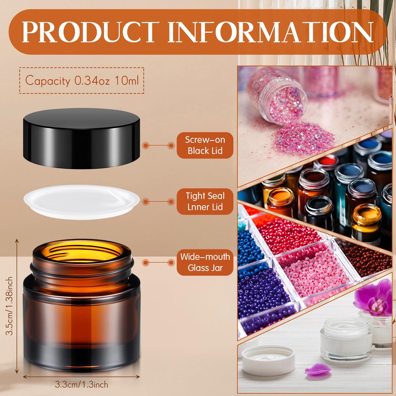 Norme 140 Pack 10Ml Glass Jars With Lids Glass Cosmetic Containers Small Empty Sample Jars With Leakproof Lids For Lip Scrub Balm, Lotion, Cream, Oil, Wax, Makeup, Cosmetic(Amber)