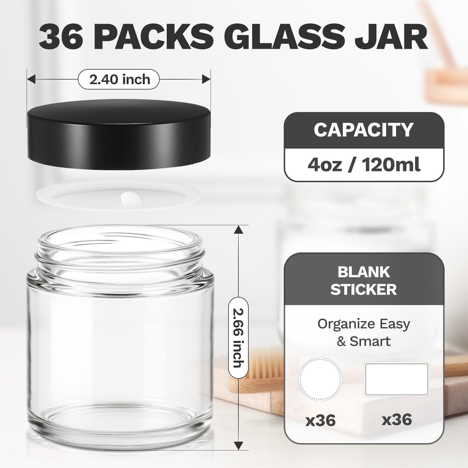 4 Oz Small Glass Jars With Lids, Bumobum 36 Pack Clear Glass Cosmetic Jars With Inner Liners, 120Ml Round Empty Sample Containers With Blank Labels For Cream, Body Scrub, Lotion